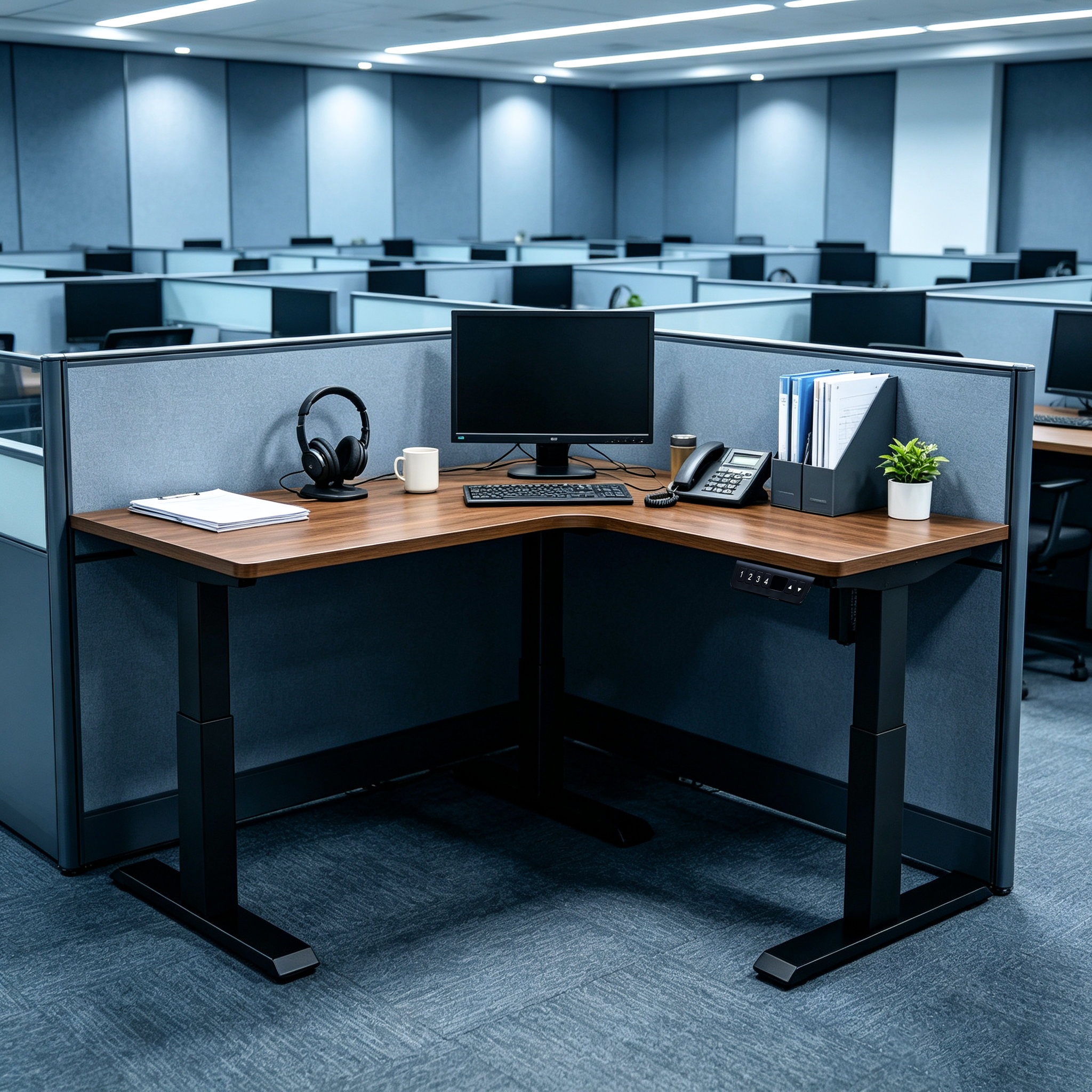 L Shaped One-Motor Two-Stage Electric Desk Support with Multi-Market Power Options for Global Wholesalers