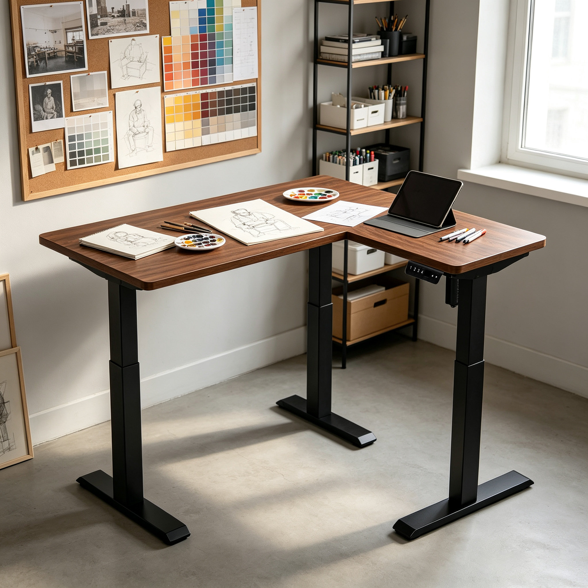 L Shaped Single Motor Two-Stage Electric Corner Desk Frame with Reversible Return for Office Planning Projects