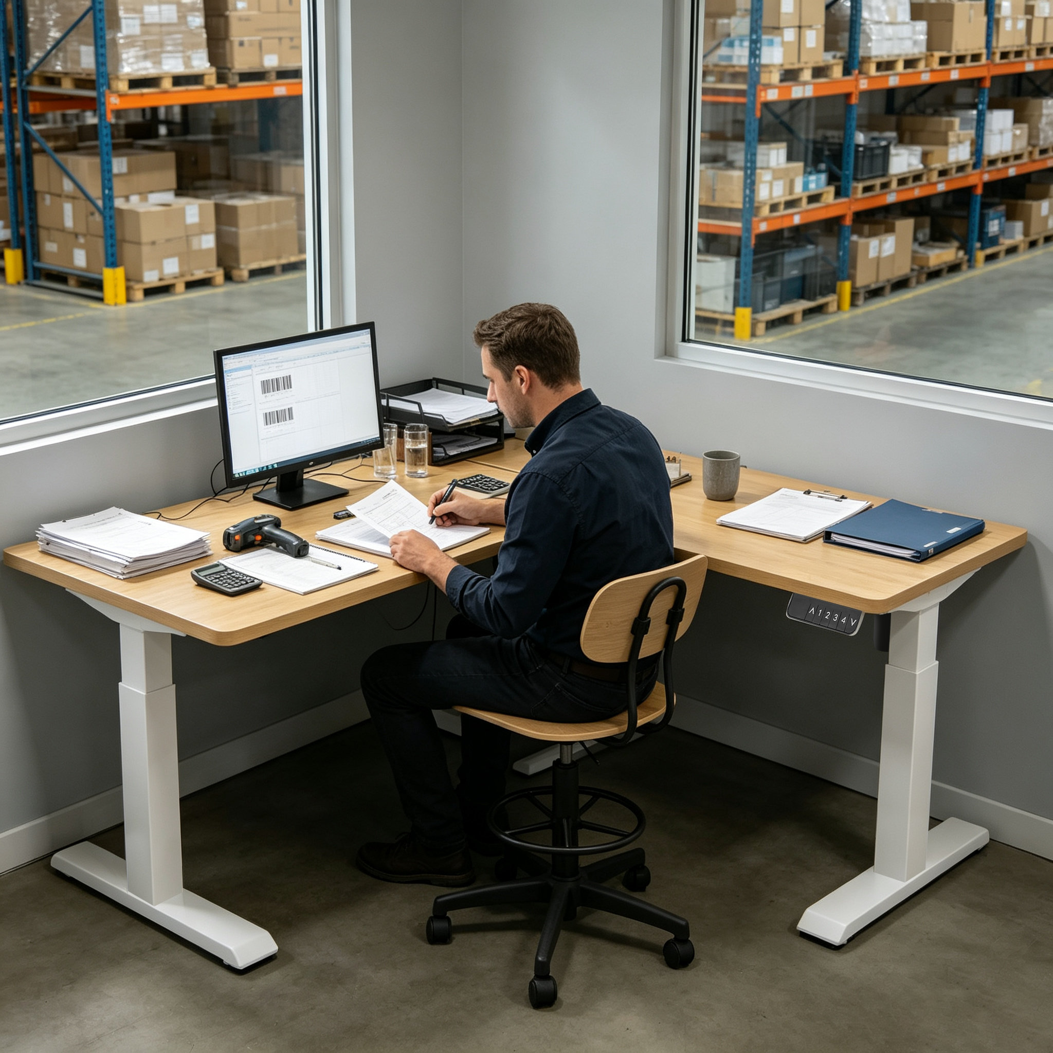 L Shaped Single Motor Two-Stage Ergonomic Corner Workstation with Expanded Surface Support for Call Centers