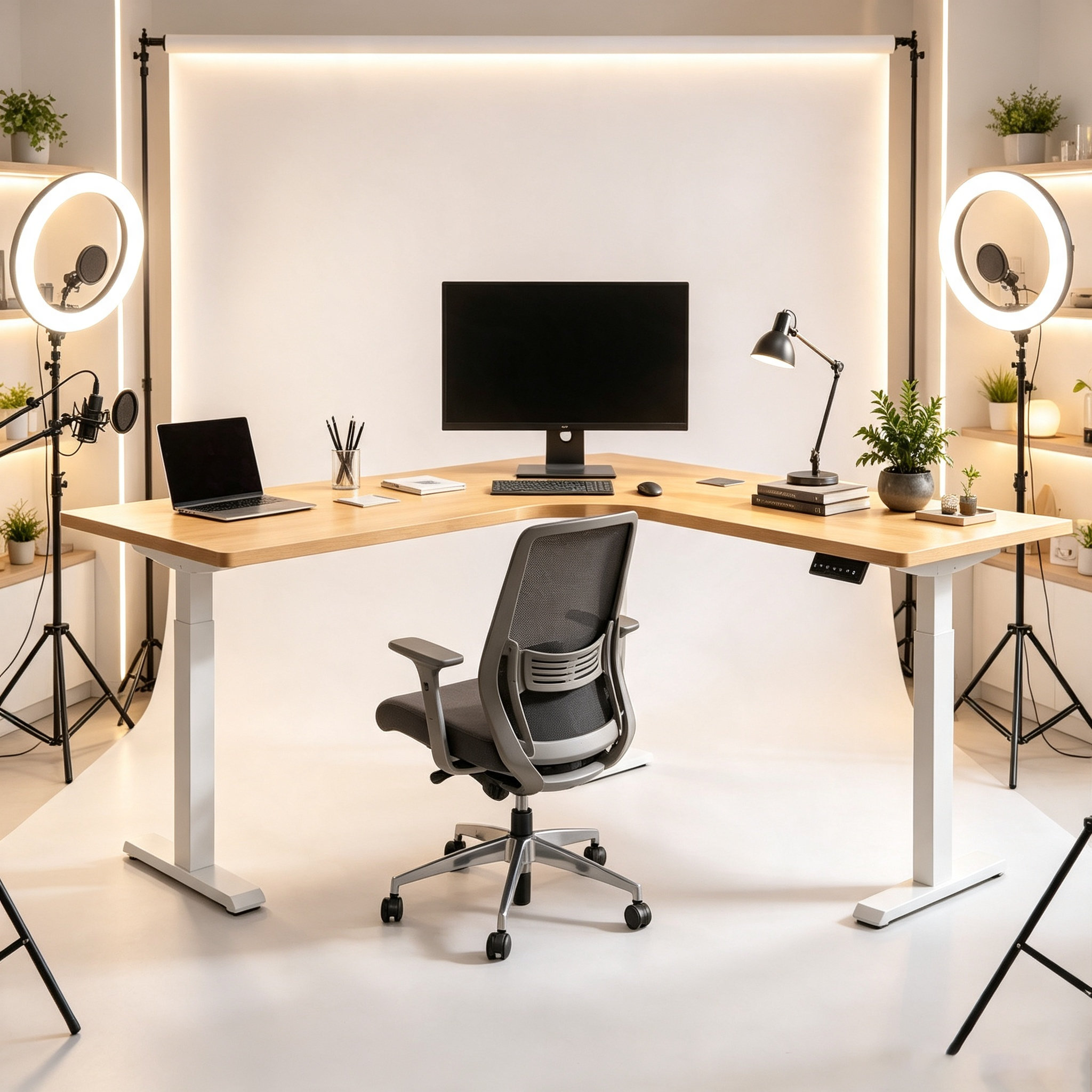 L-shaped Sit-Stand Gaming Desk with Large Corner Layout for Multi-Monitor Setups