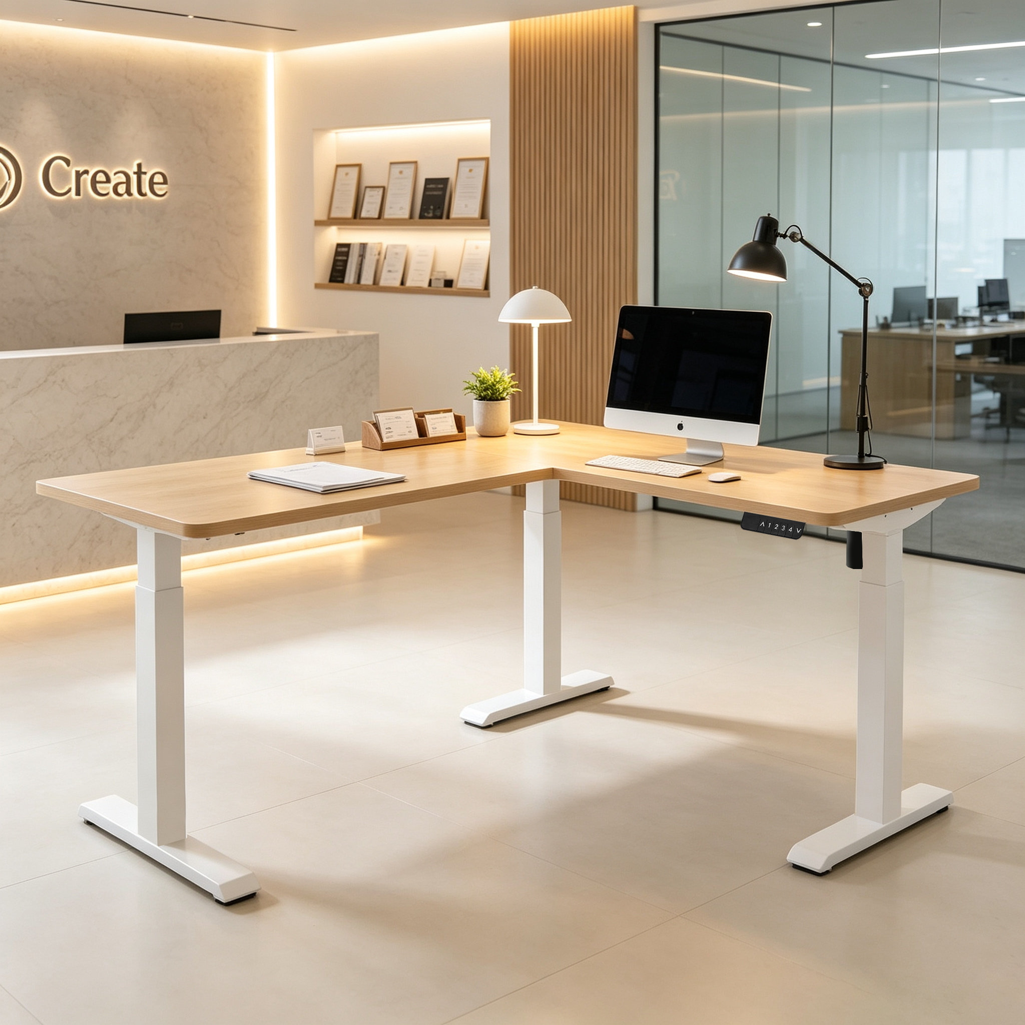 L Shaped Single Motor Two-Level Adjustable Office Desk Base with Configurable Return for Shared Workspaces