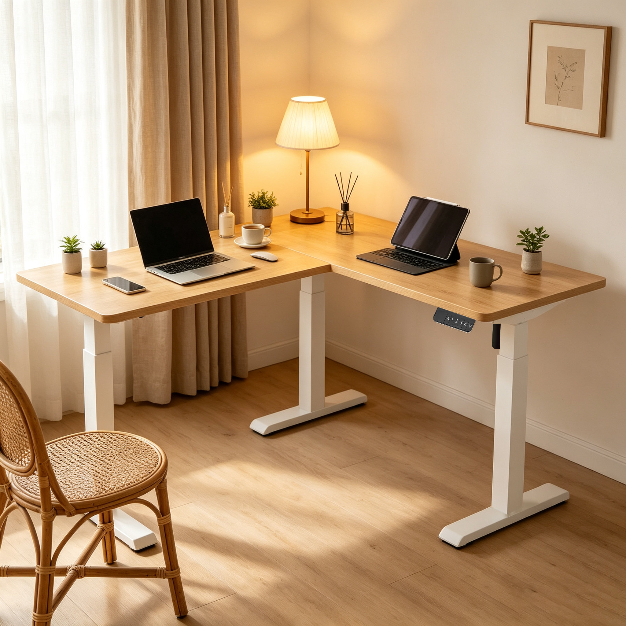 L Shaped Single Motor Two-Stage Corner Workbench Frame with Modular Assembly for Commercial Fit-Out Projects