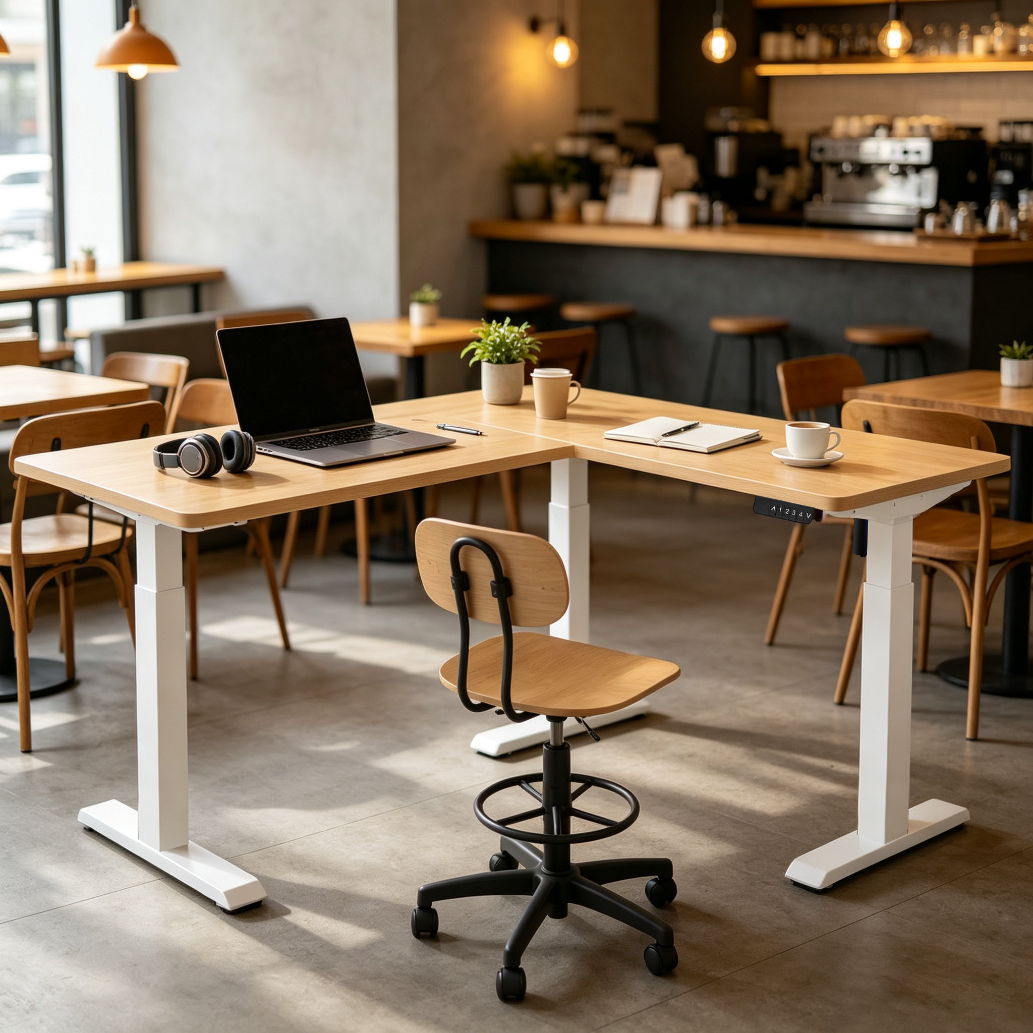 L Shaped Single Motor Two-Section Sit-Stand Table Base with Cable-Management Compatibility for Technology Workspaces