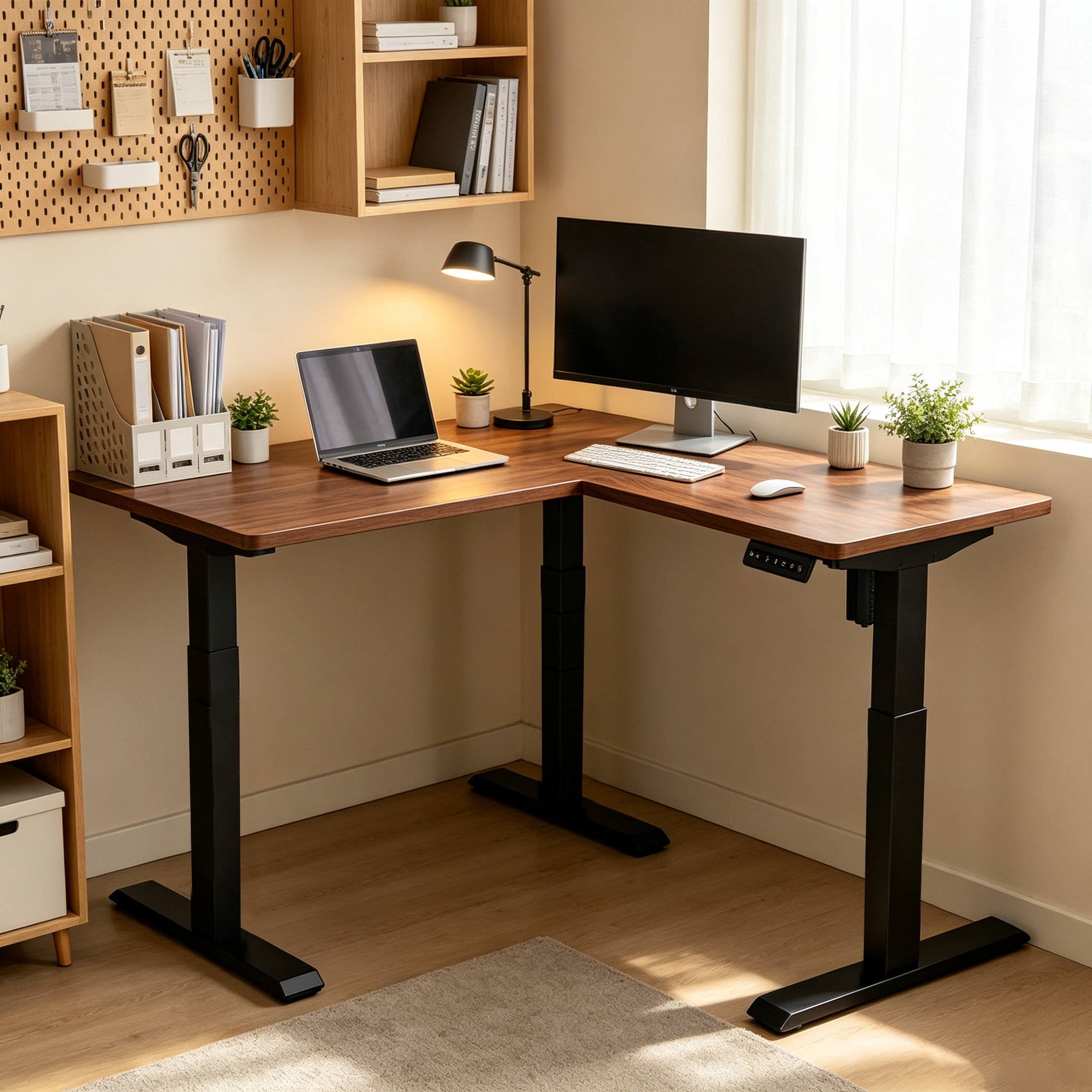 L Shaped Single Motor Two-Stage Height Adjustable Workstation with Wide Desktop Support for Design Studios