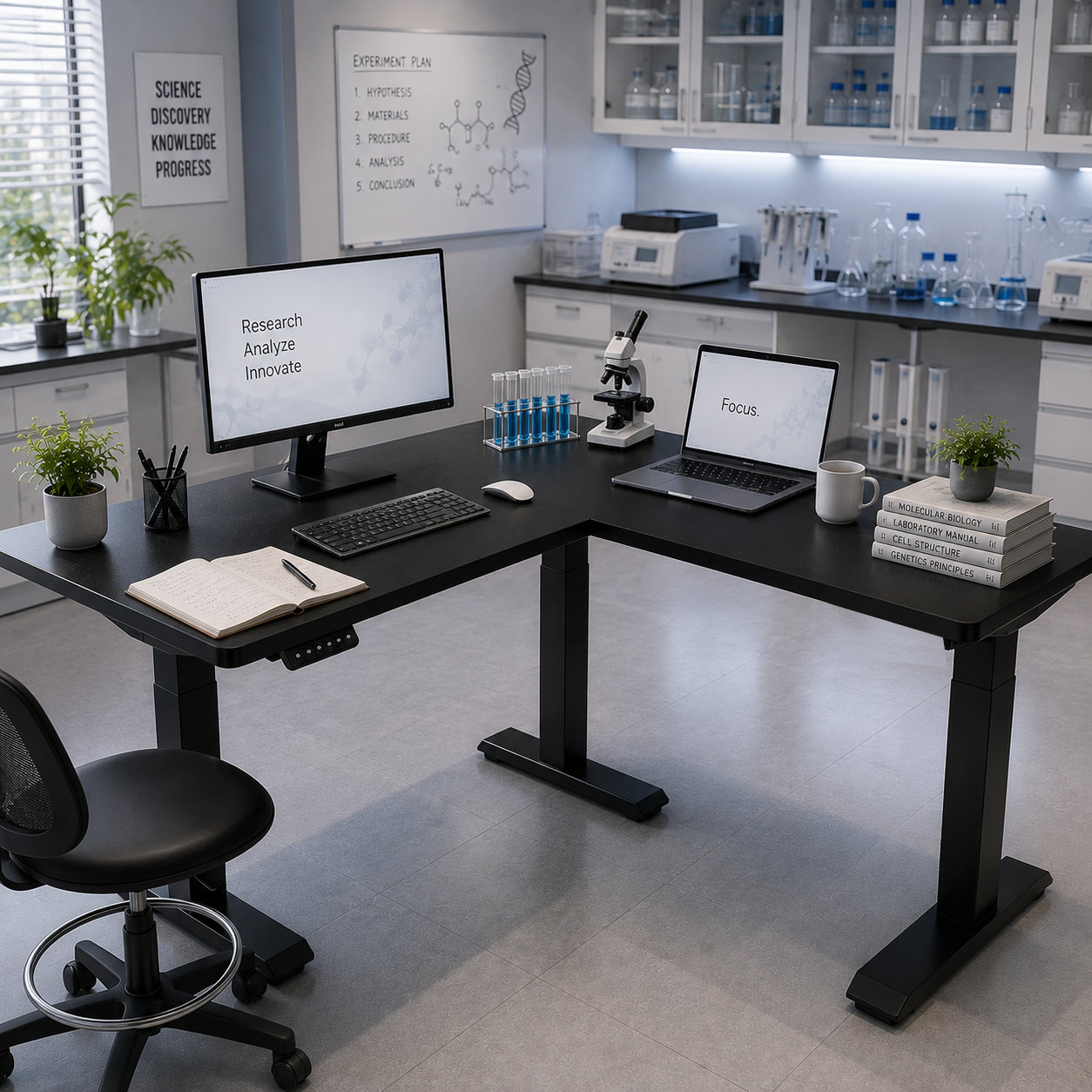 L-shaped Electric Corner Workstation with Smooth Lift Control for Trading and Finance Desks