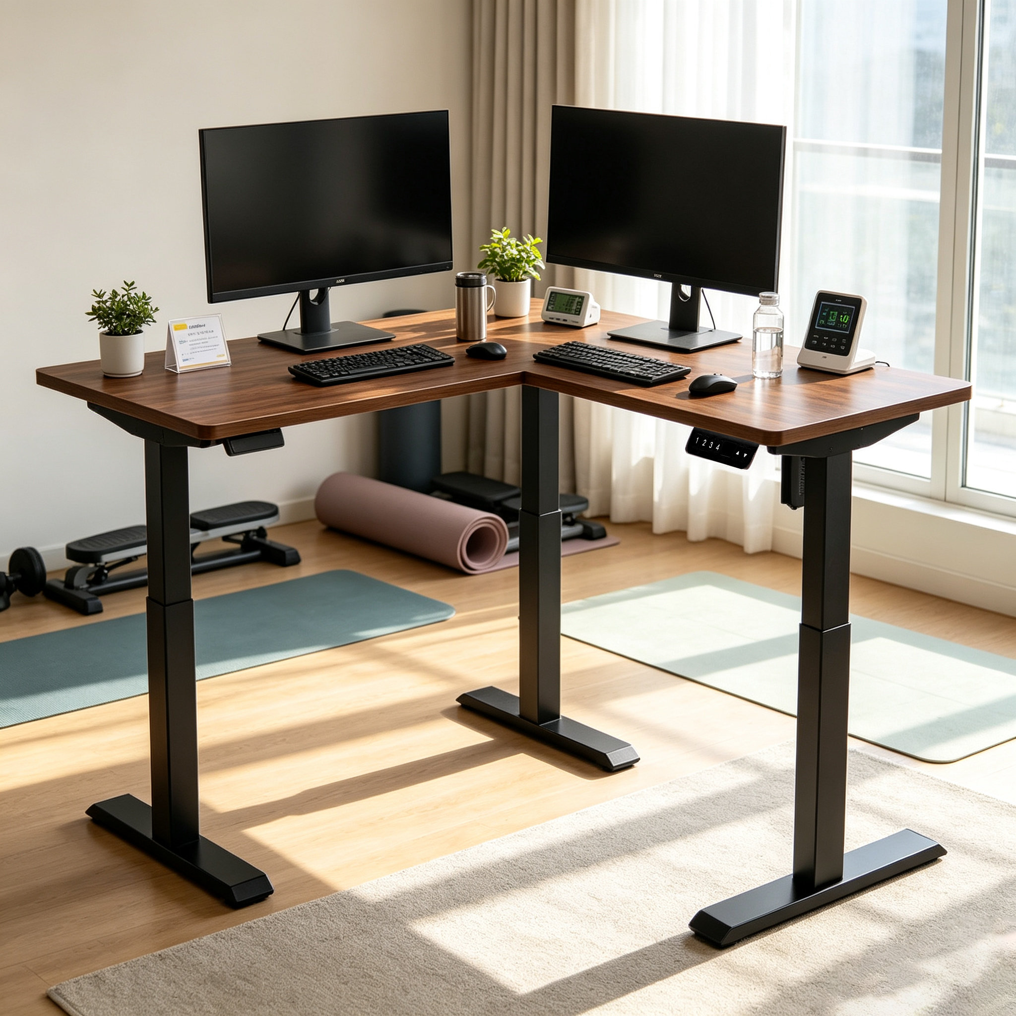L Shaped Single Motor Two-Level Electric Desk Frame with Space-Saving Corner Design for Executive Offices