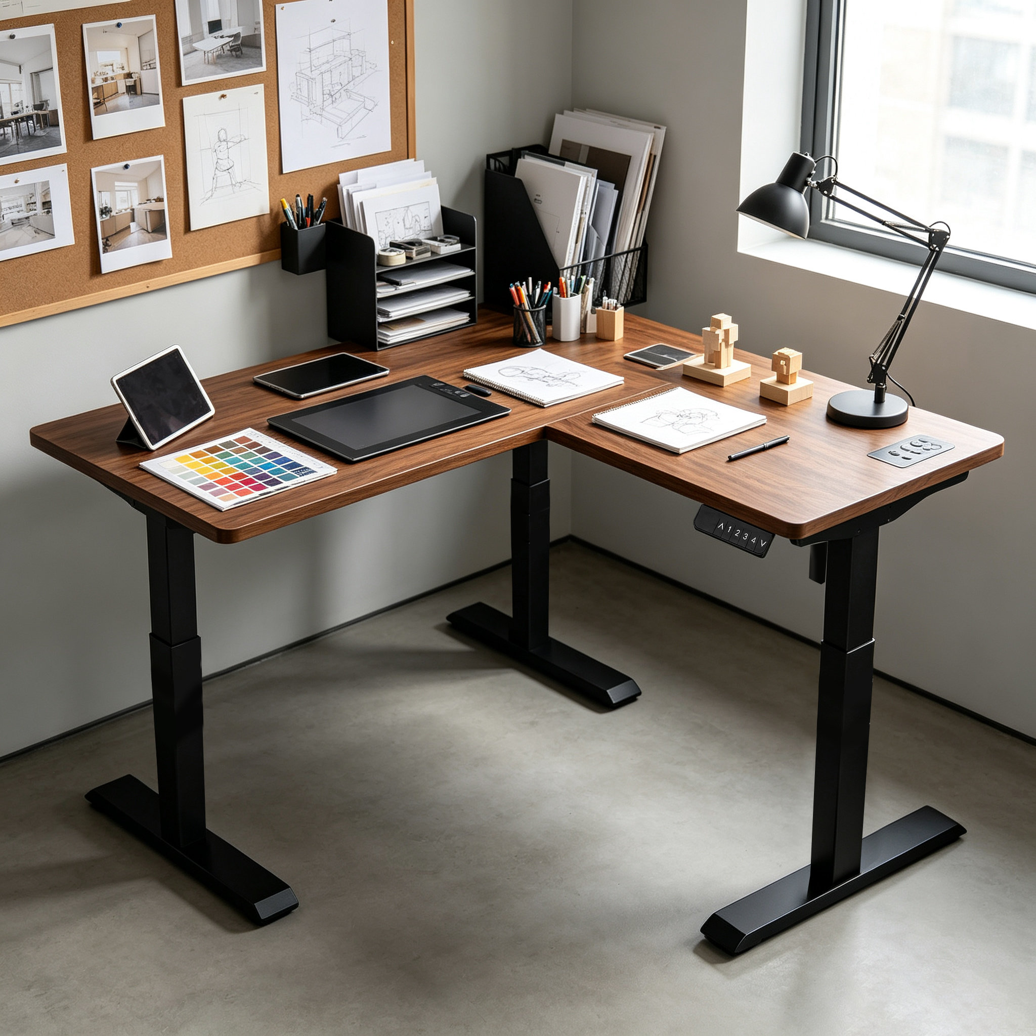 L Shaped Single Motor Two-Stage Corner Sit-Stand Desk Base with Flexible Return Width for Open-Plan Workstations
