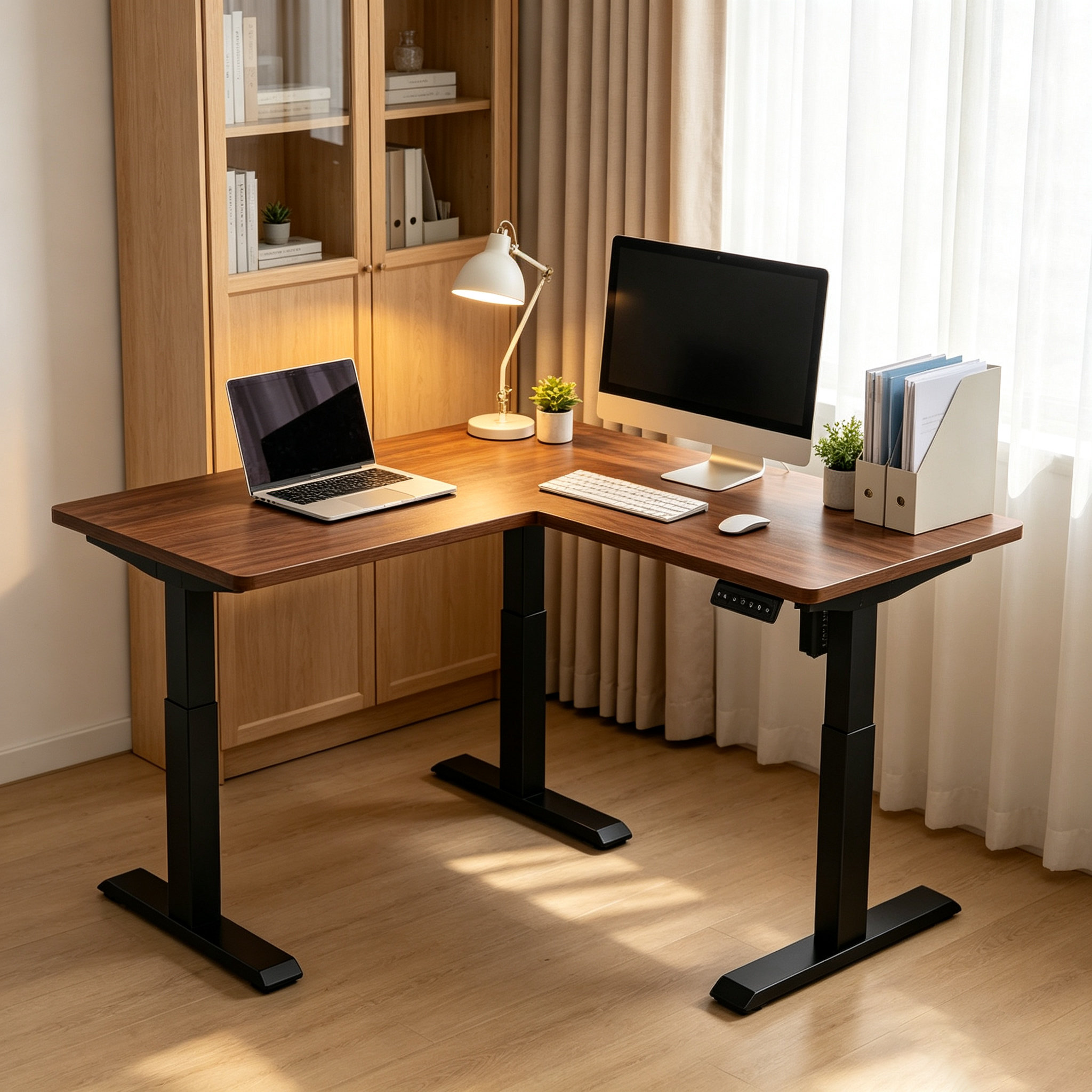 L Shaped Single Motor Adjustable Corner Desk Legs with Project-Friendly Installation for Education Administration