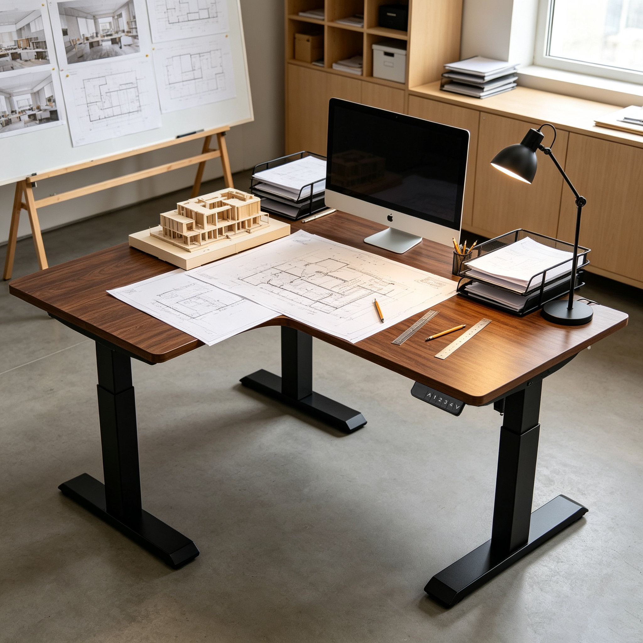 L Shaped Single Motor Two-Stage Electric Standing Desk Frame with Adjustable Corner Layout for Corporate Office Projects