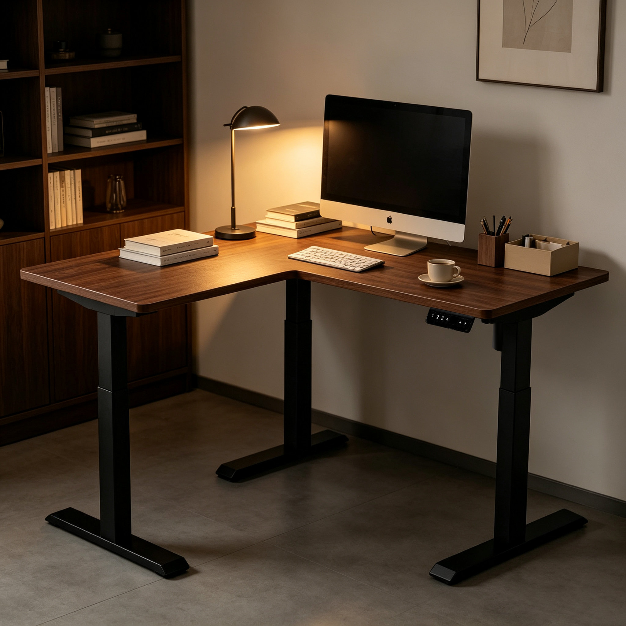 L Shaped One-Motor Two-Section Ergonomic Workstation Base with Wide Work Surface for Control Rooms