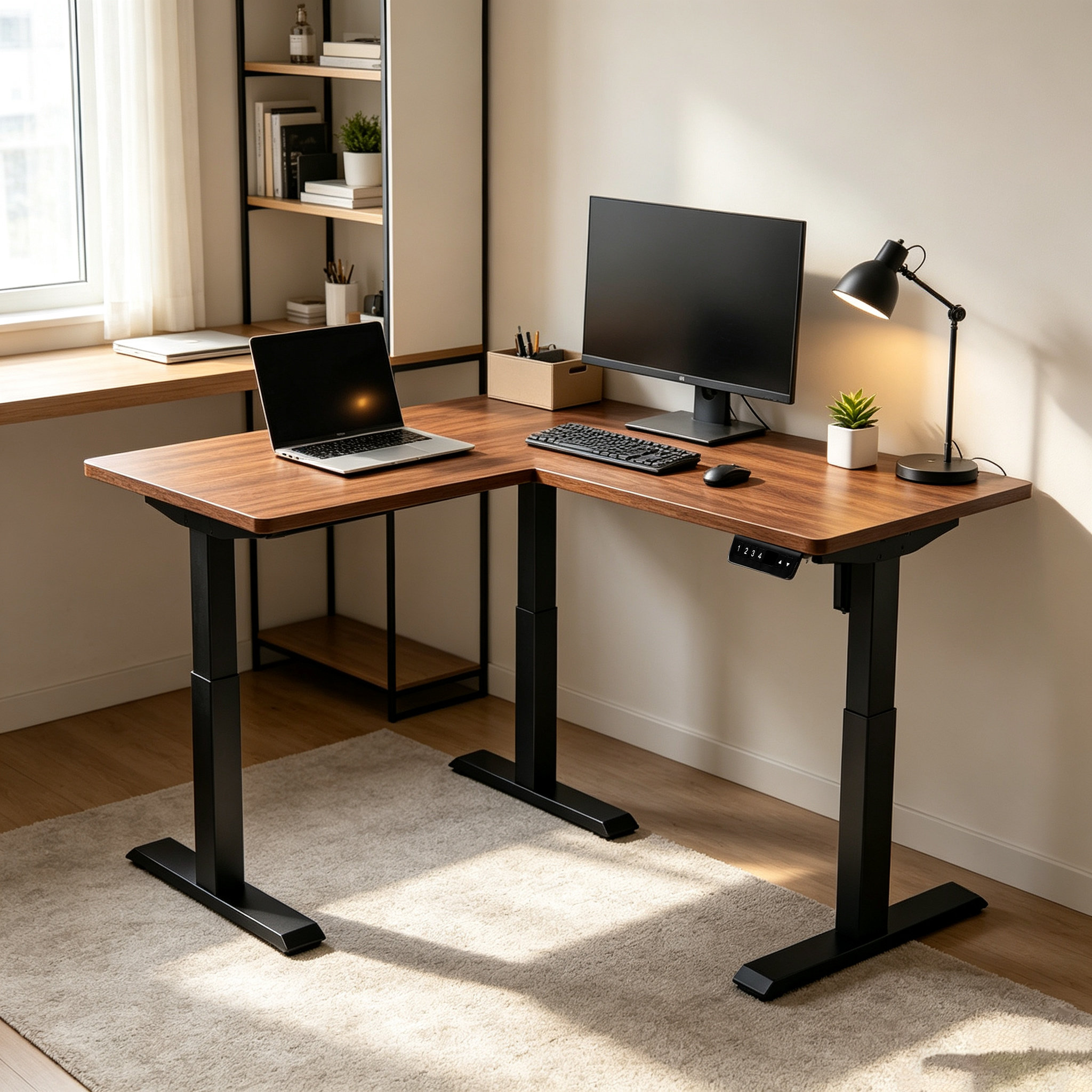 L Shaped Single Drive Corner Standing Desk Frame with Optional Memory Handset for Premium Office Collections