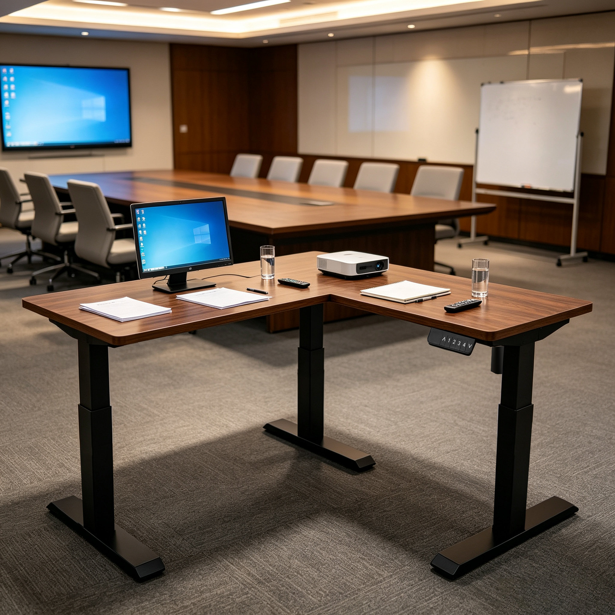 L Shaped Single Motor Three-Column Electric Table Base with Flexible Desktop Pairing for Contract Dealers