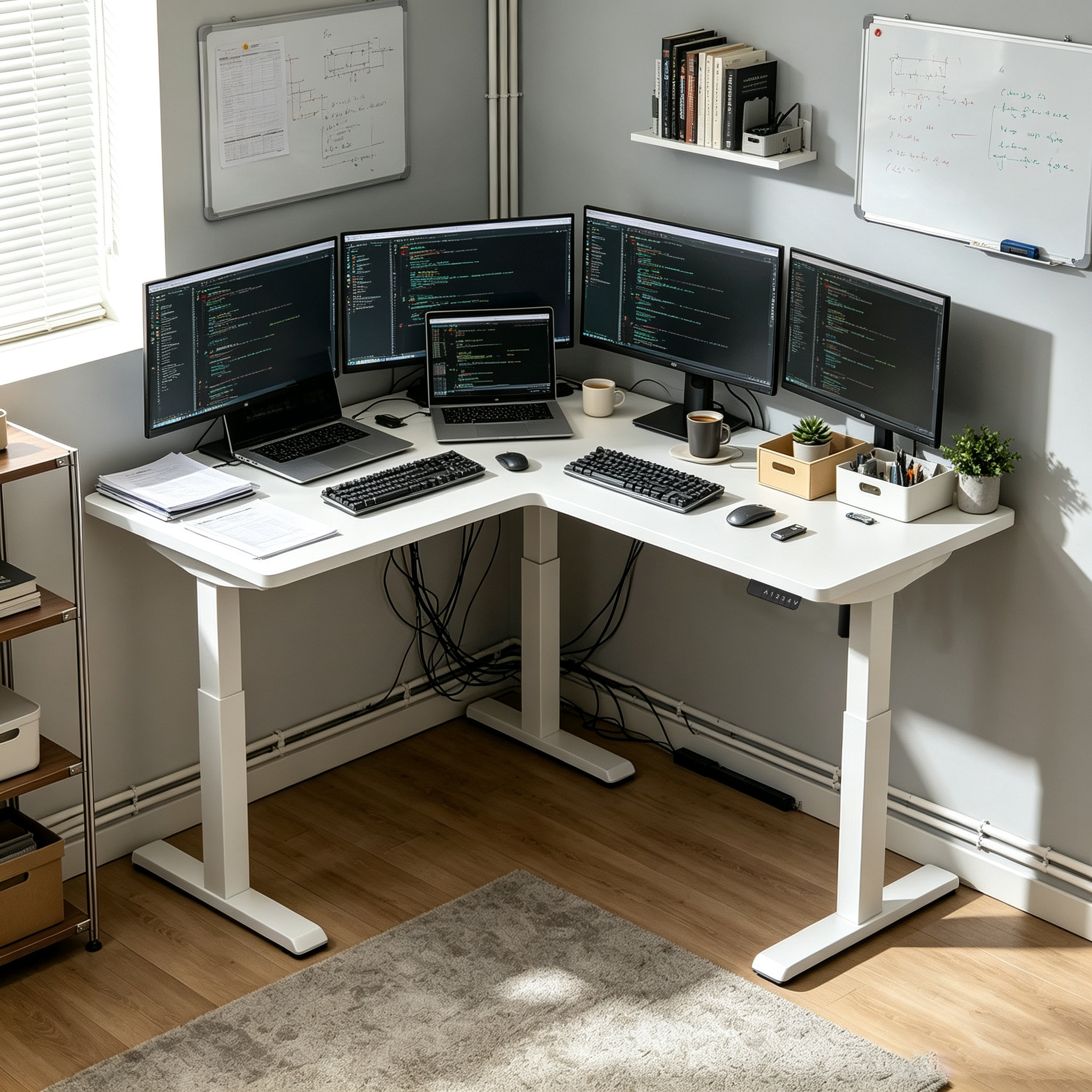 L Shaped One-Motor 3-Leg Height Adjustable Desk Base with Compact 600 mm Feet for Urban Offices