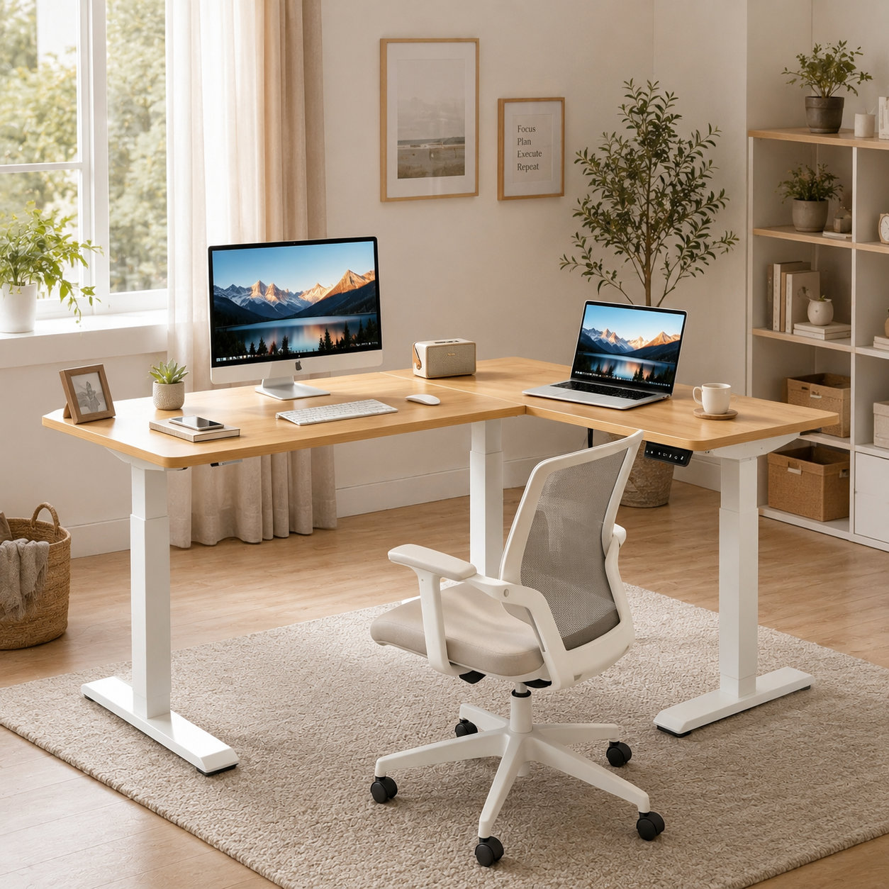 L Shaped Single Drive Two-Level Adjustable Office Workstation with Quiet Electric Lift for Financial Service Offices