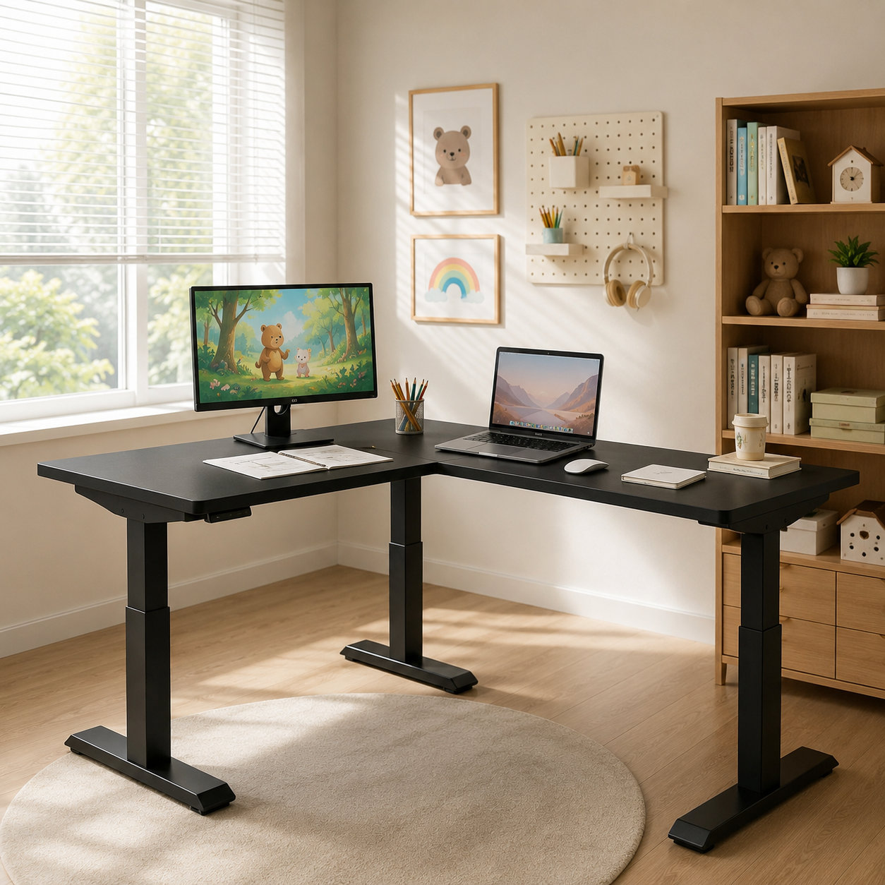 L-Shaped Electric Standing Desk with Space Saving Corner Layout and High Efficiency Executive Workstation Solution