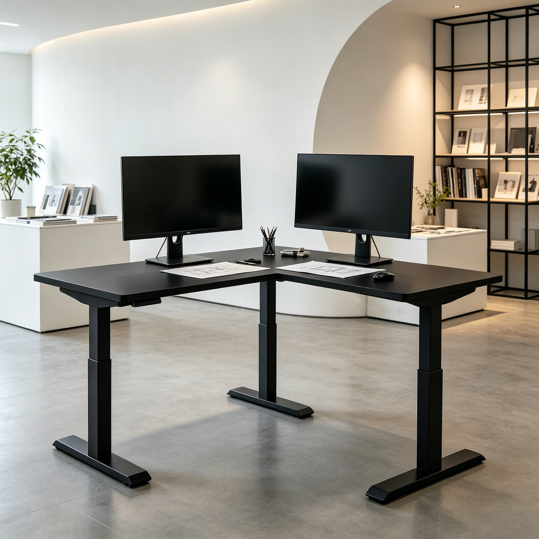 L-Shaped Electric Standing Desk with Premium Four Column Lifting Performance and High Capacity Corporate Workspace Design