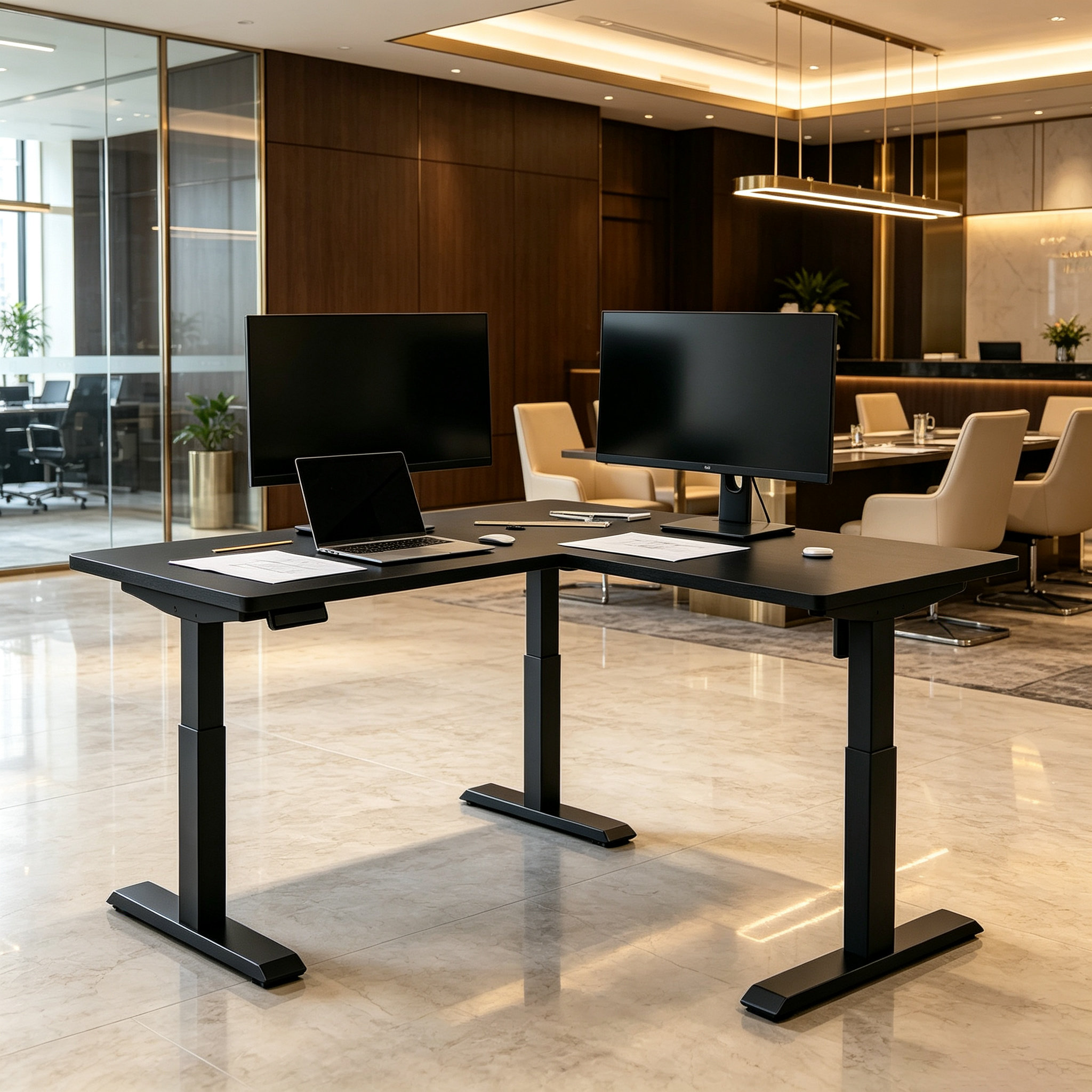 L-Shaped Electric Standing Desk with Ergonomic Sit Stand Technology and Modern Modular Office Workstation Application