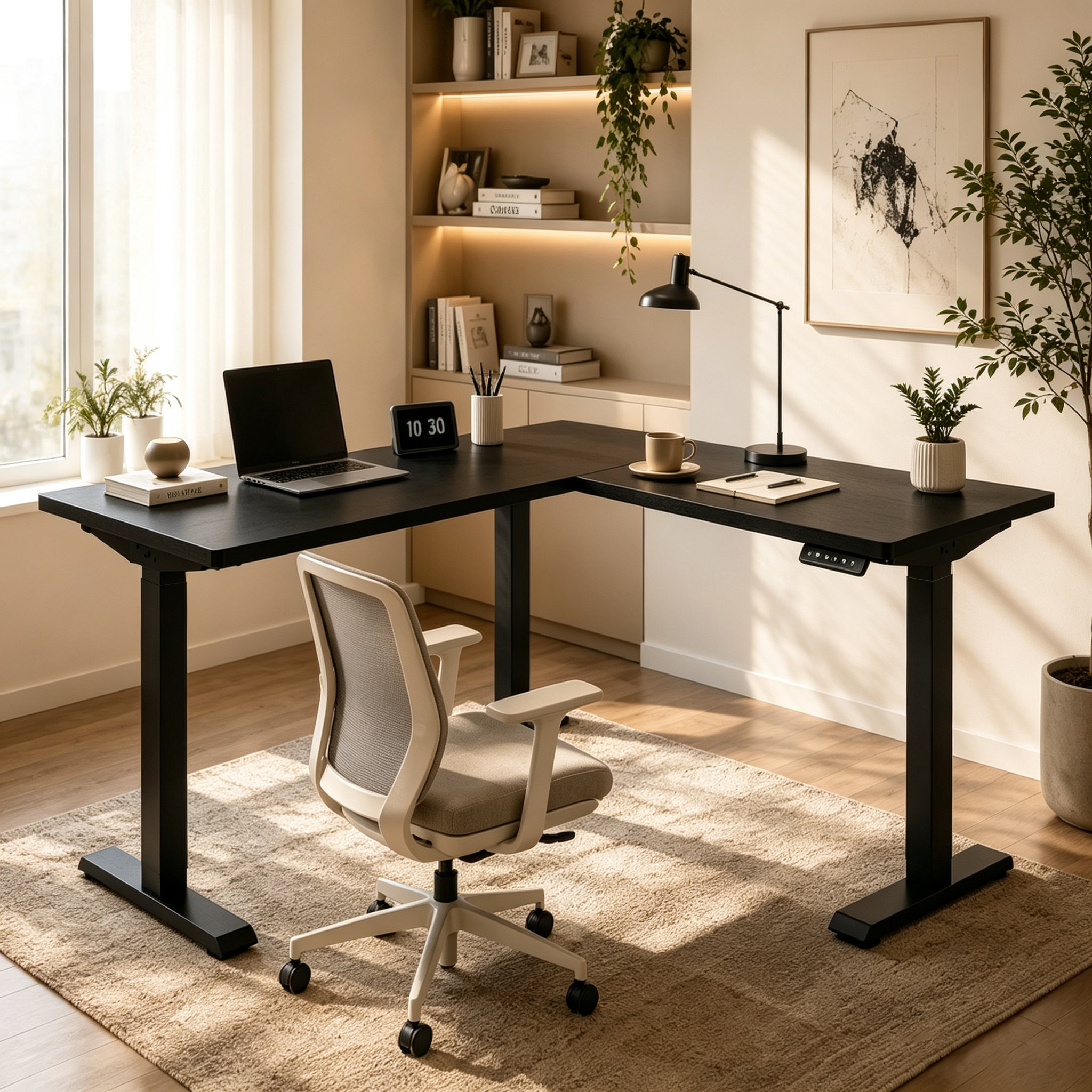 L-Shaped Electric Standing Desk with Heavy Duty Four Leg Frame and Premium Enterprise Corner Workstation Solution