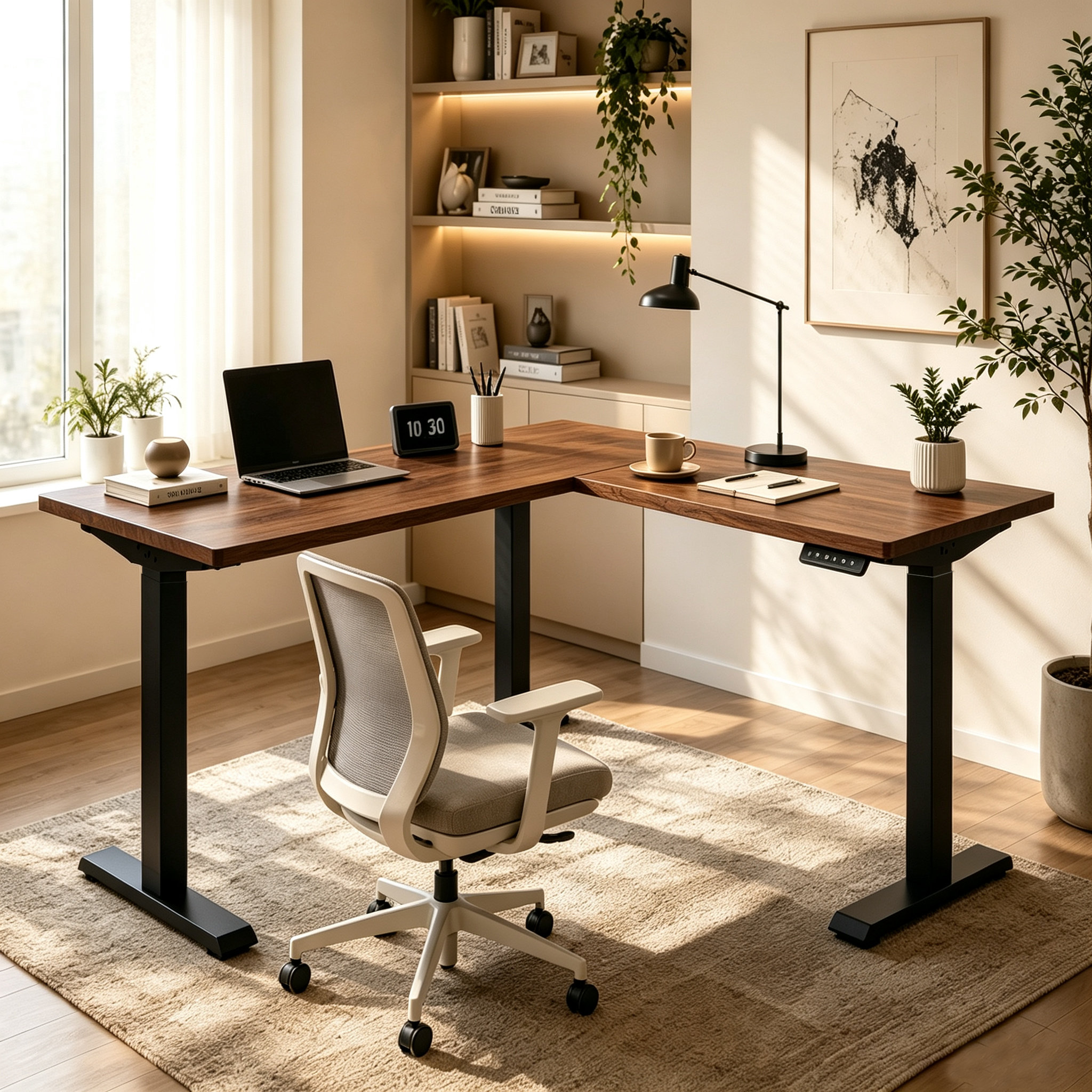 L-Shaped Electric Standing Desk with Heavy Duty Four Column Stability and Executive Corner Office Workspace Solution