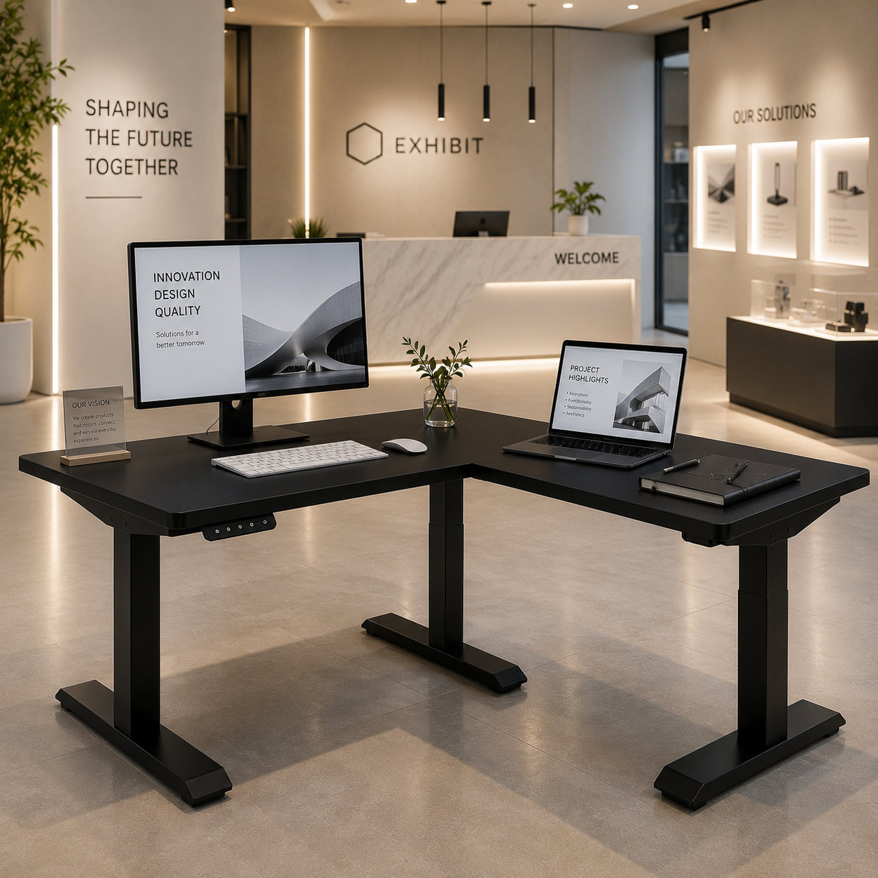 L-Shaped Electric Standing Desk with Innovative Four Column Lifting Technology and Premium Business Workspace Application