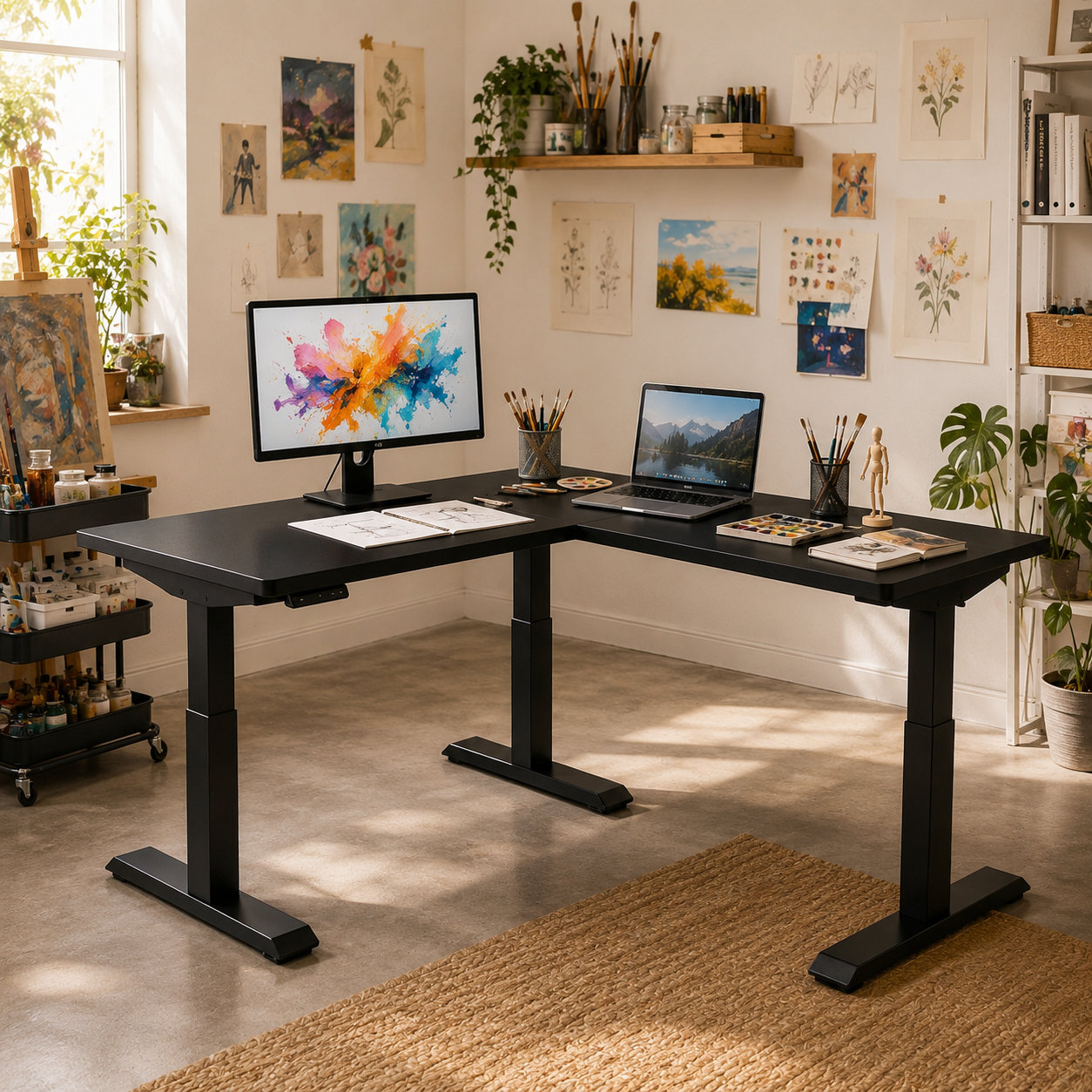 L-Shaped Electric Standing Desk with Dual Motor Height Adjustment and Ergonomic Corner Workspace for Corporate Offices