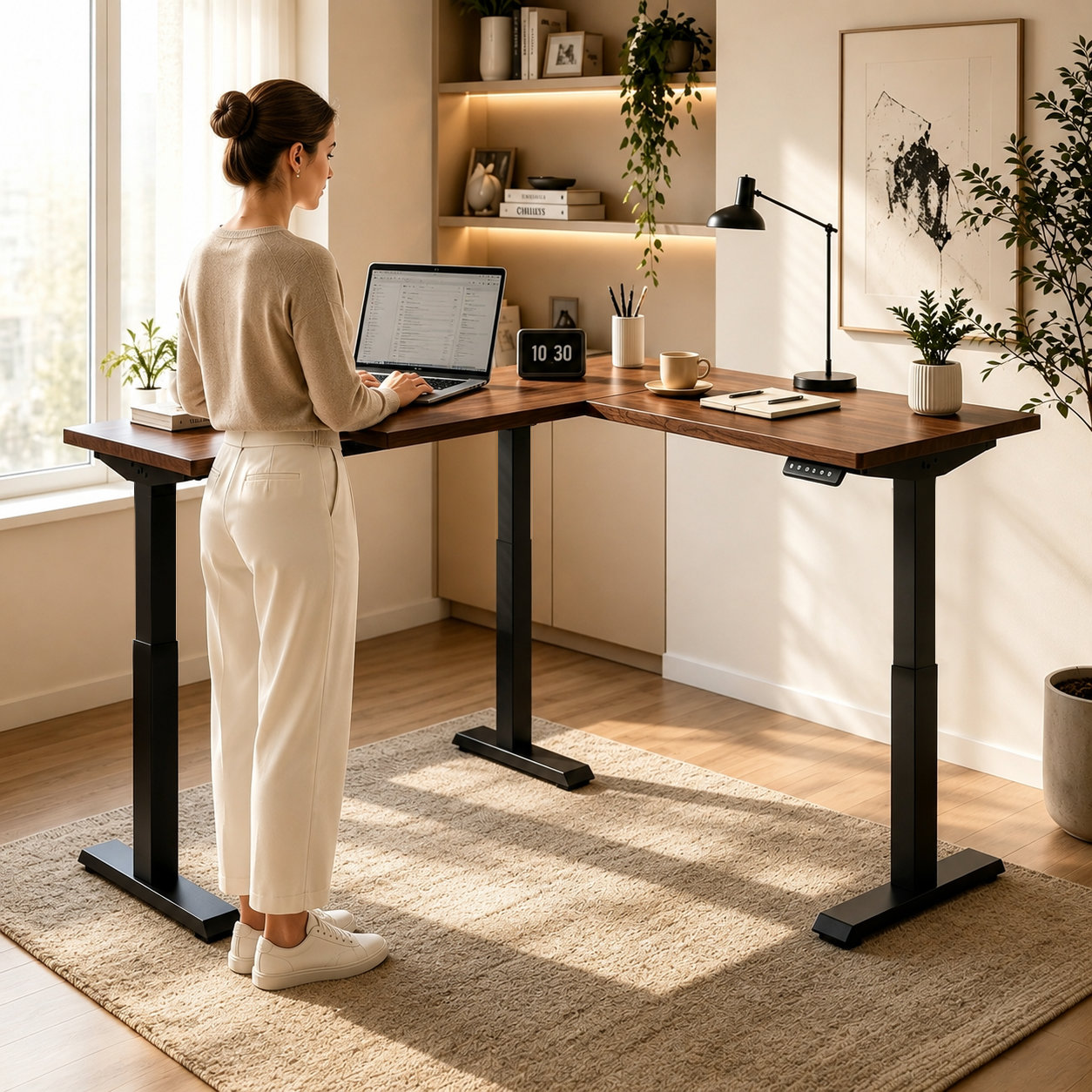 L-Shaped Electric Standing Desk with Premium Motorized Height Control and Efficient Large Office Corner Workstation