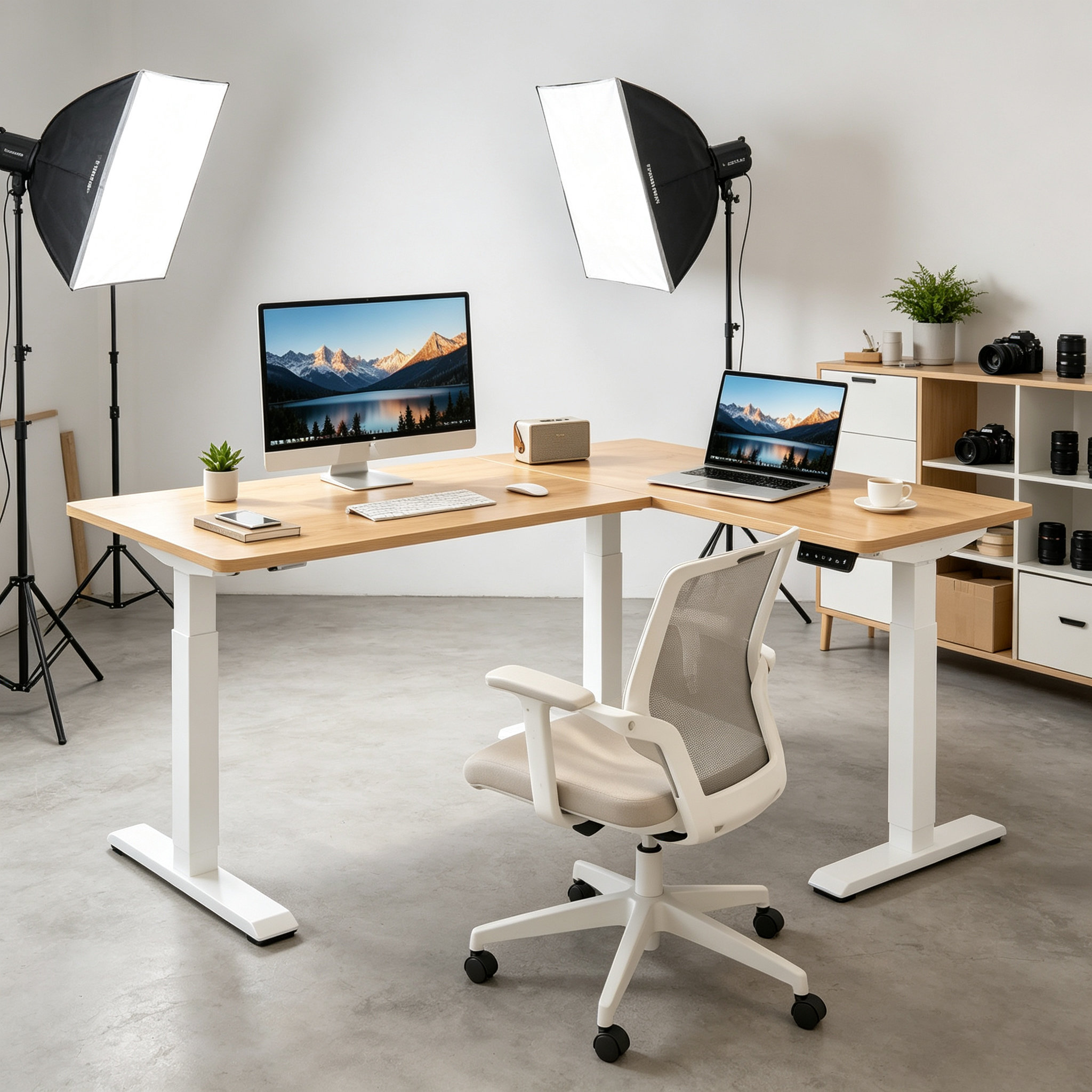 L-Shaped Electric Standing Desk with Professional Four Column Support and Advanced Office Productivity Workstation System