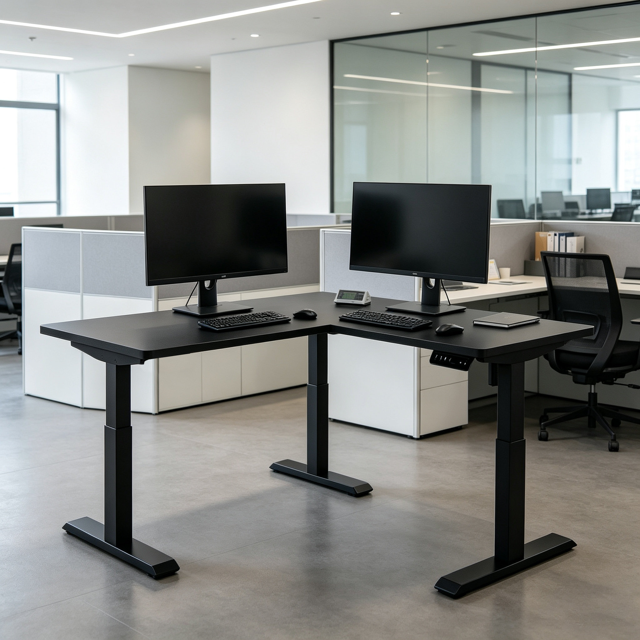 L-Shaped Electric Standing Desk with Space Efficient Ergonomic Layout and Premium Corporate Workstation Performance