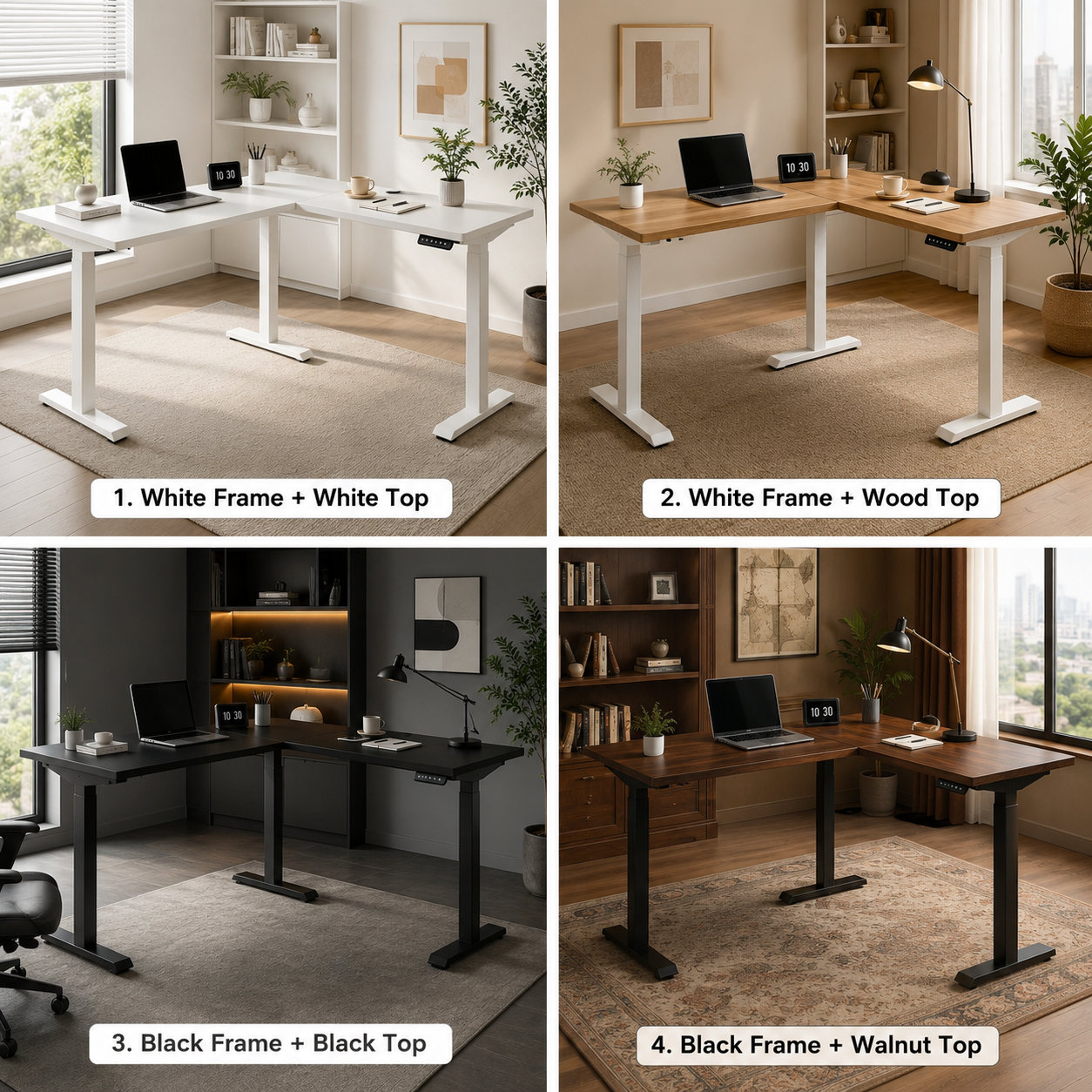 L-Shaped Electric Standing Desk with Advanced Ergonomic Support and Large Enterprise Corner Office Setup