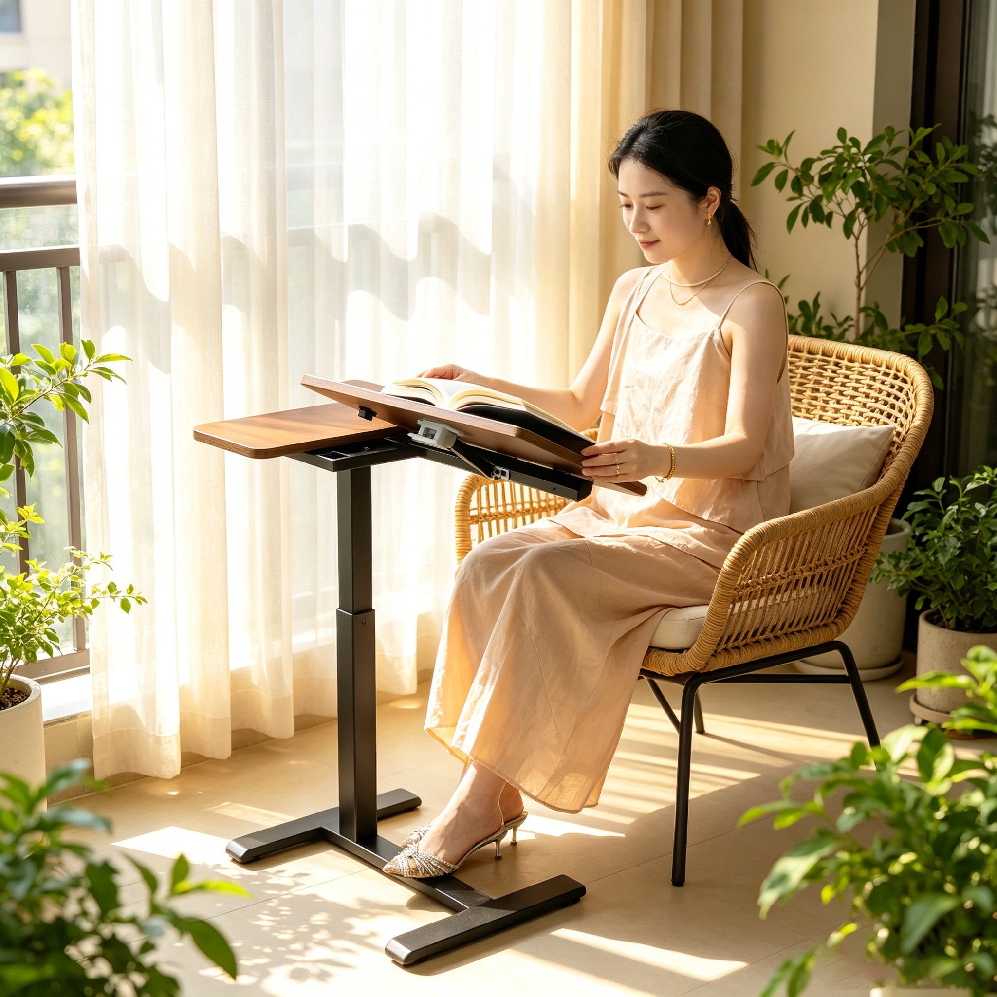 DY-03 Manual Pneumatic Standing Side Table, Quiet Cable-Free Adjustment for Home Healthcare