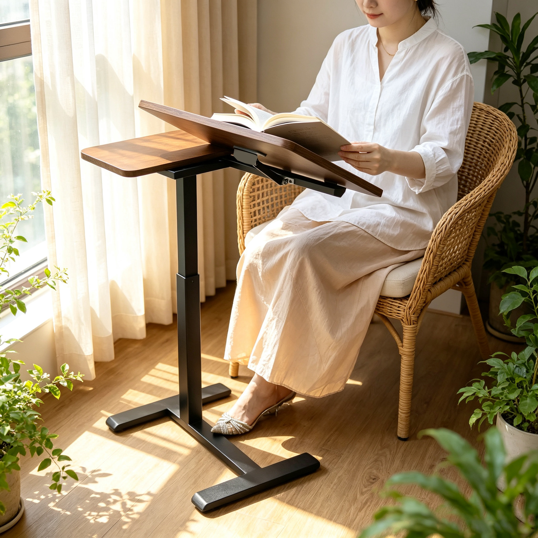DY-03 Pneumatic Bedside Computer Desk, Quick Lever Lift and Split Worktop for Patient Rooms