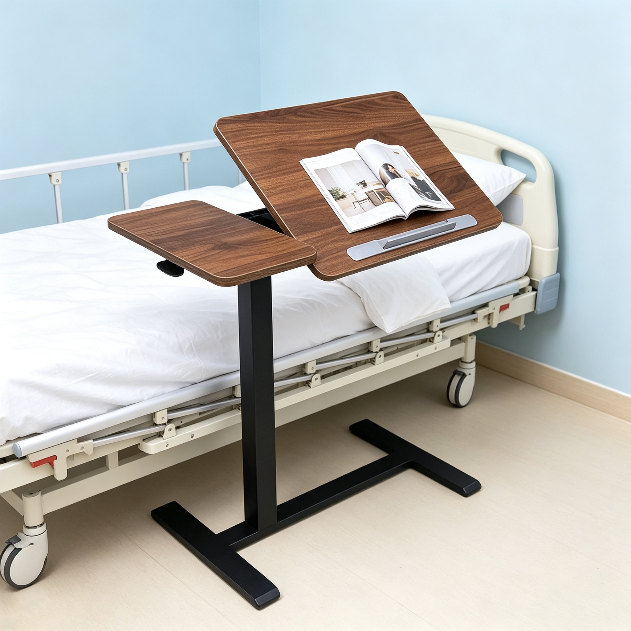 DY-03 Pneumatic Hospital Overbed Table, Motorless Height Lift and Easy-Clean Top for Nursing Facilities