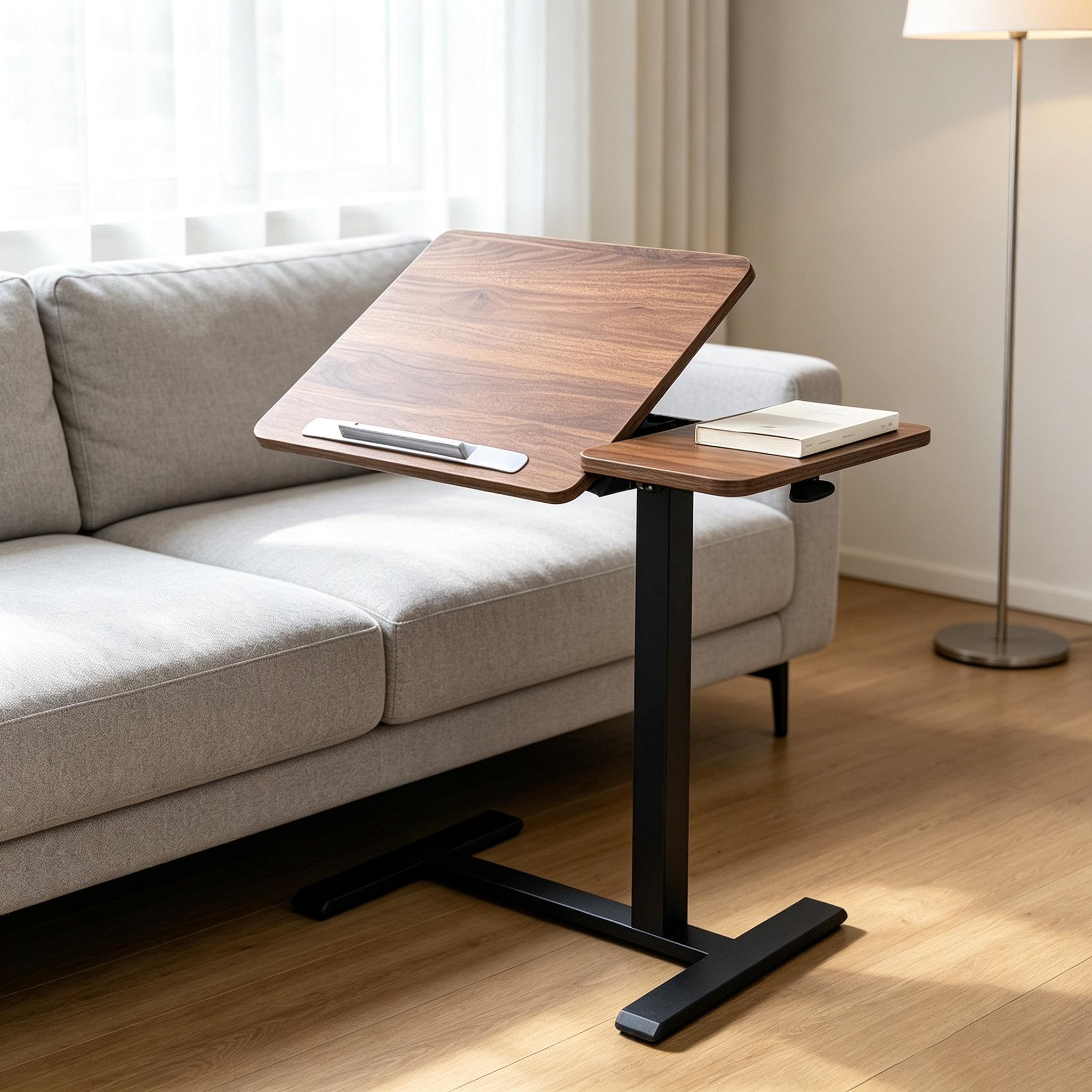 DY-03 Height-Adjustable Bedside Workstation, Space-Saving Wood-Grain Top for Hotels and Guest Rooms