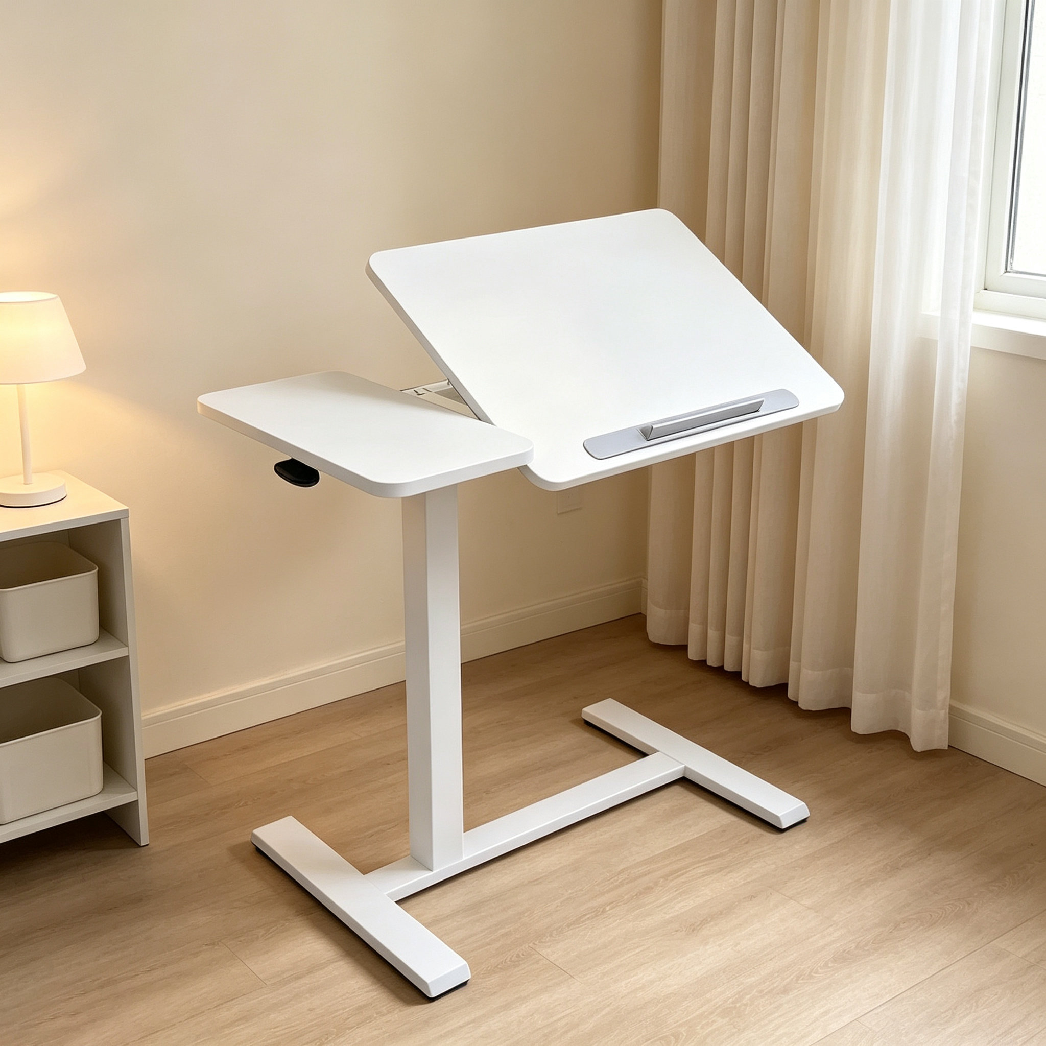 DY-03 Compact Bedside Standing Workstation, Split Walnut Top and Wide Height Range for Serviced Apartments
