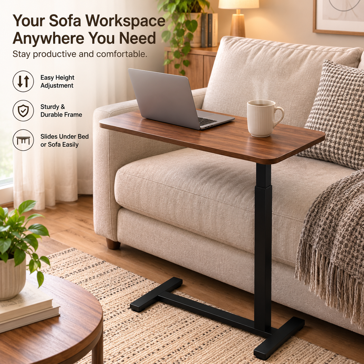 DY-02 Whole-Board Height Adjustable Table, Modern Steel Frame and Wood-Grain Top for Commercial Interiors