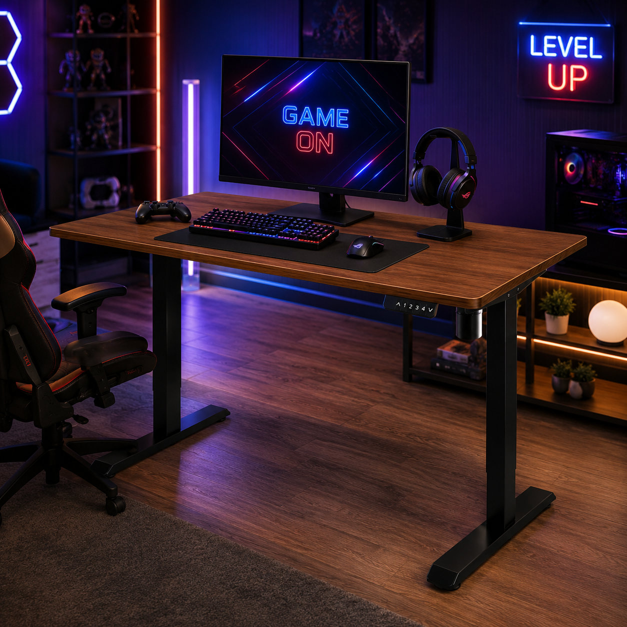 DK-02-1 Single Motor Two-Stage Adjustable Standing Desk with Wide Walnut Top, Executive Dual-Monitor Office Workstation
