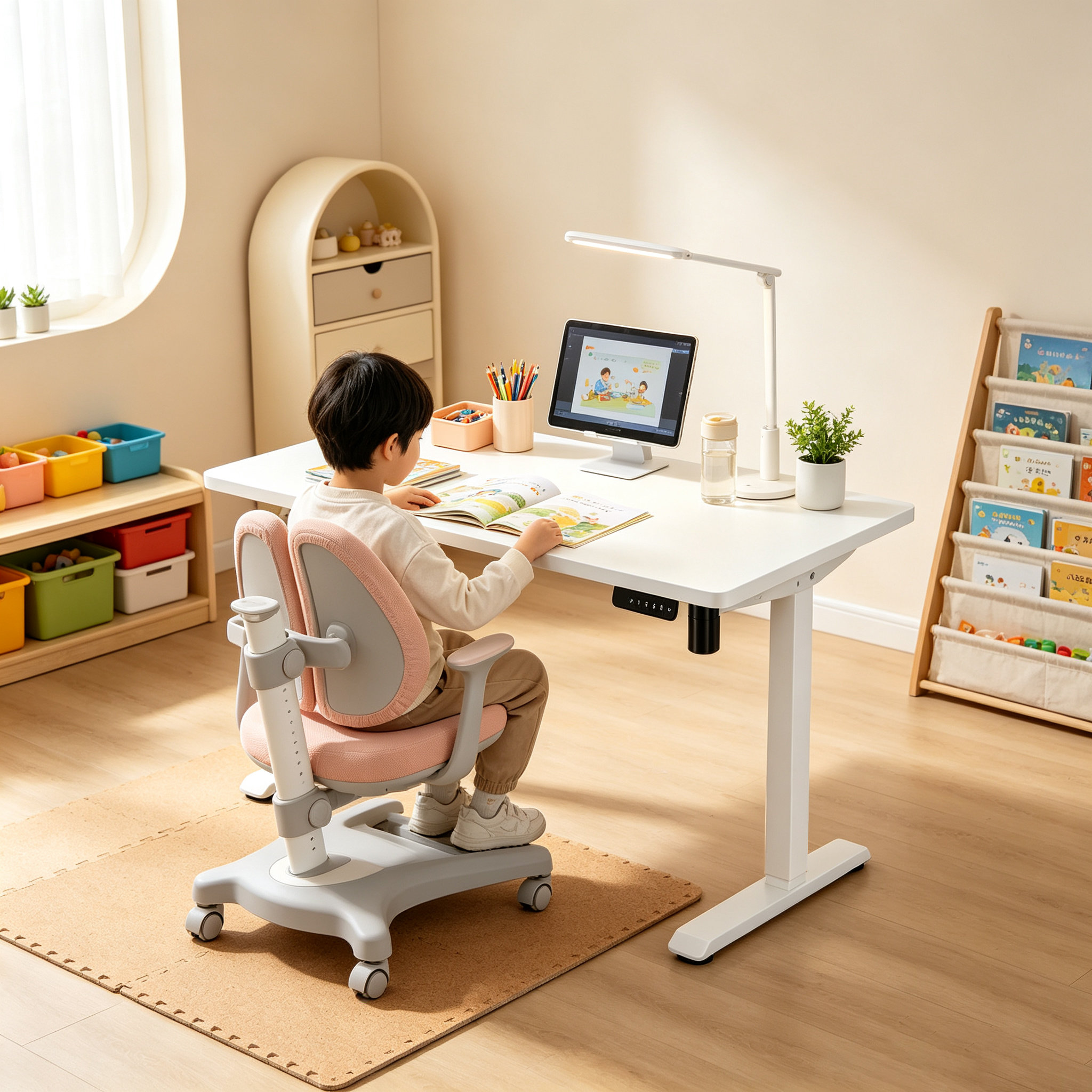 DK-02-1 Single Electric Standing Desk with Two-Section Columns, White Design Studio Worktable