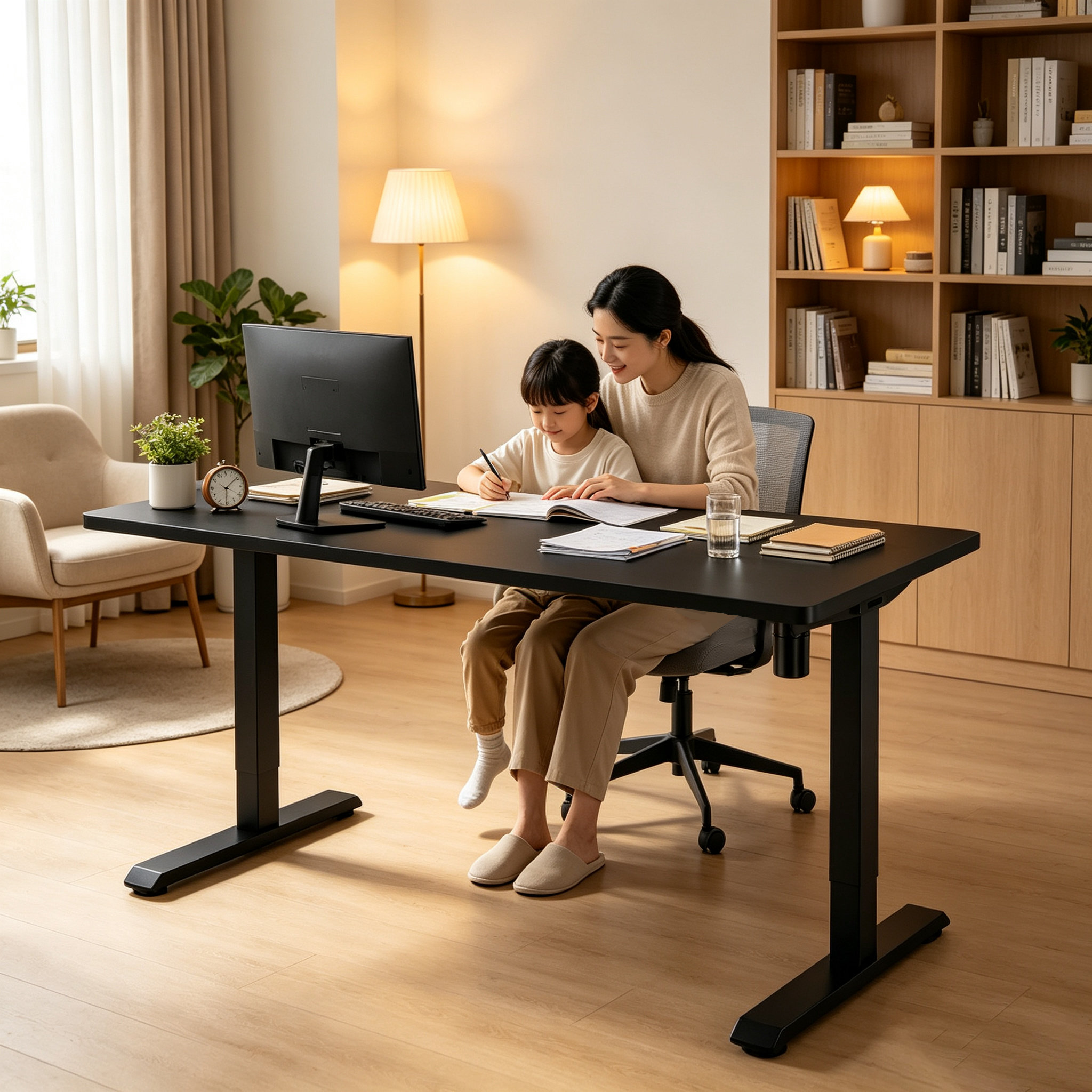 DK-02-1 Single Motor 2 Stage Standing Desk with Black Desktop, Urban Dual-Monitor Apartment Office