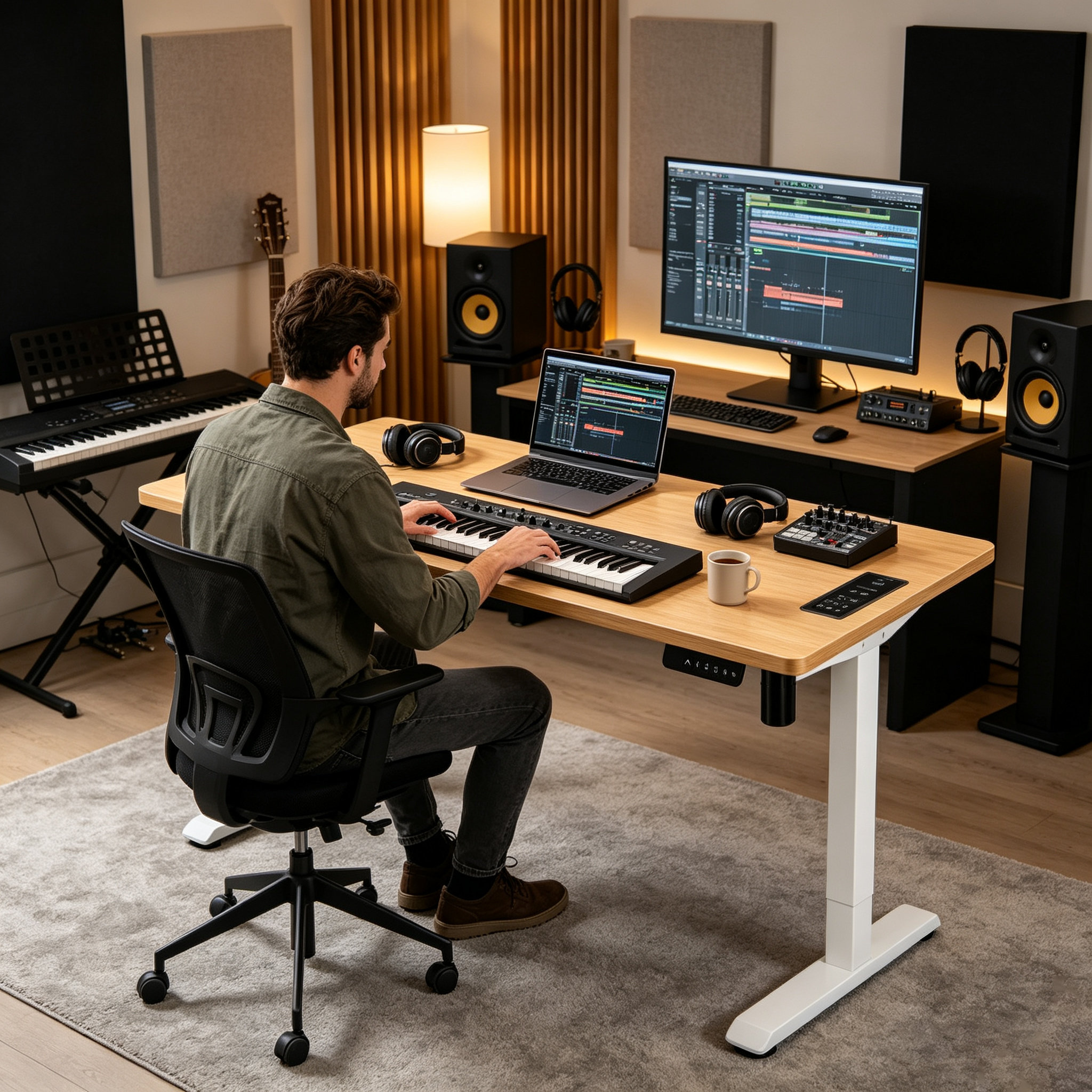 DK-02-1 Single Motor Two-Stage Adjustable Desk with Walnut Top, Developer Dual-Screen Workstation