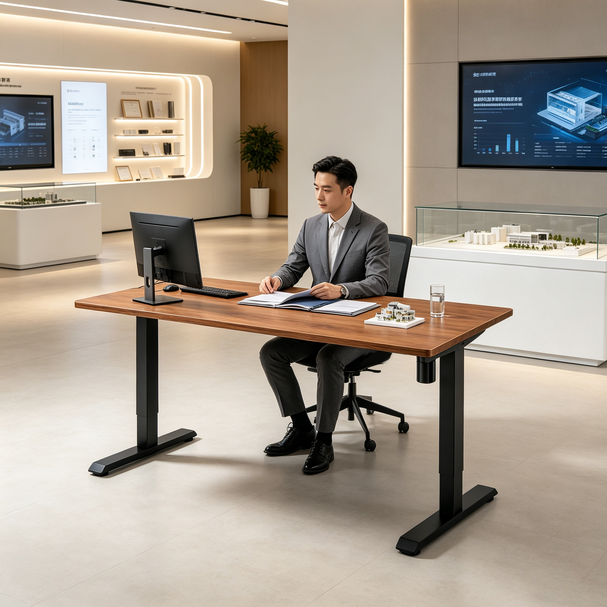 DK-02-1 Single Motor Electric Standing Desk with Walnut Comfort Top, Quiet Reading Room Worktable