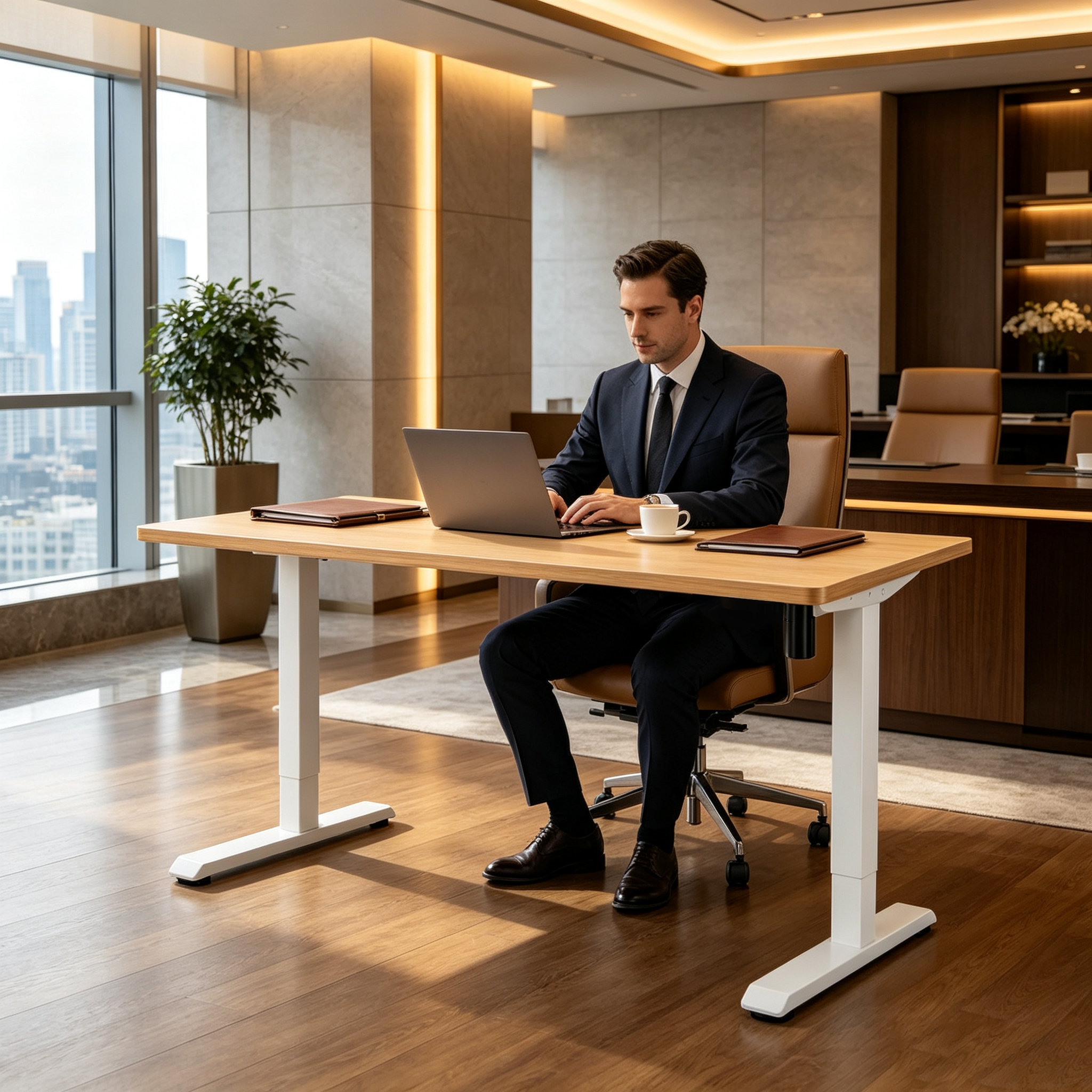 DK-02-1 One Motor Height Adjustable Desk with Walnut Top, Flexible Corporate Sit-Stand Office