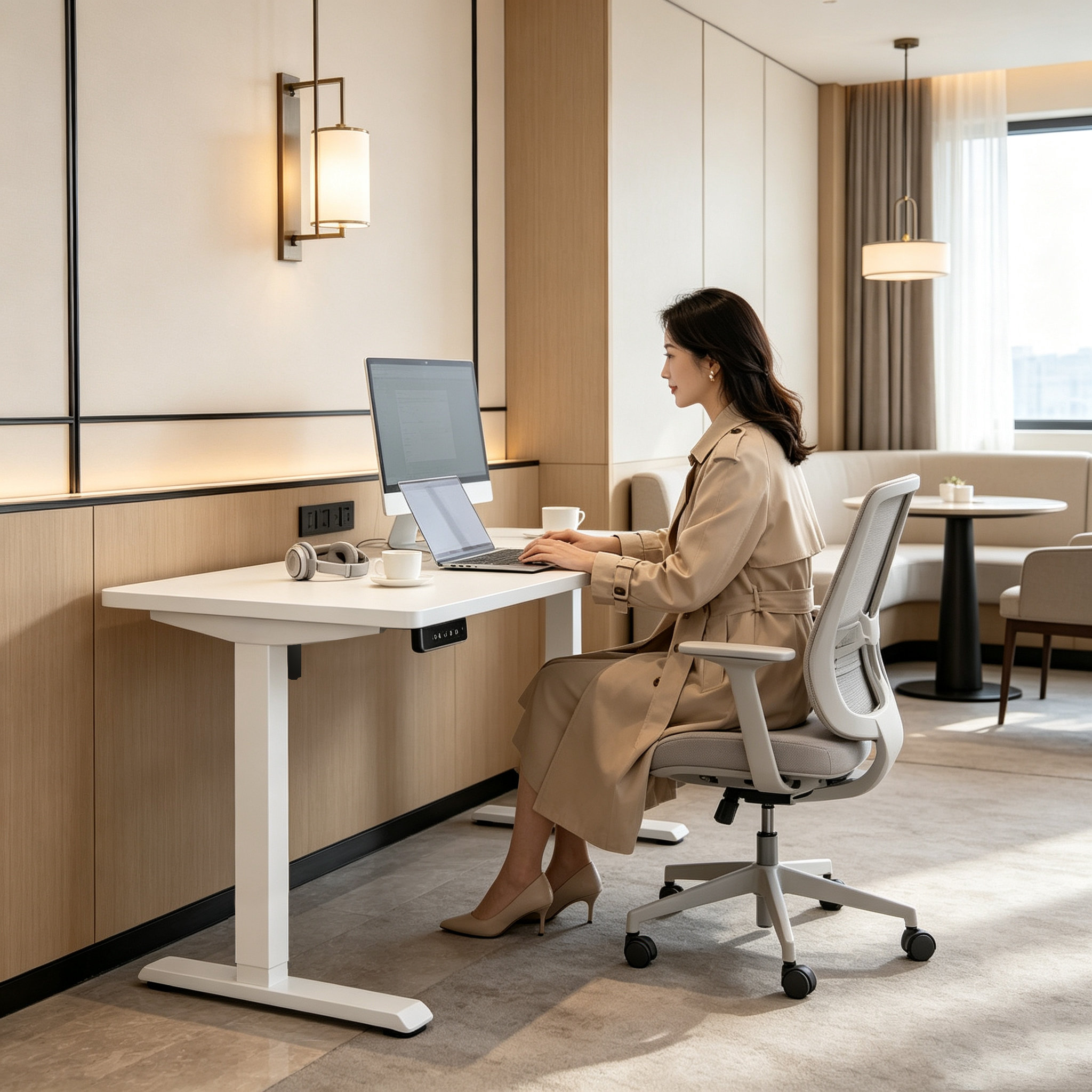 DK-02-1 Single Electric Lift Desk with Compact Walnut Top, Multi-Purpose Home Craft Workstation