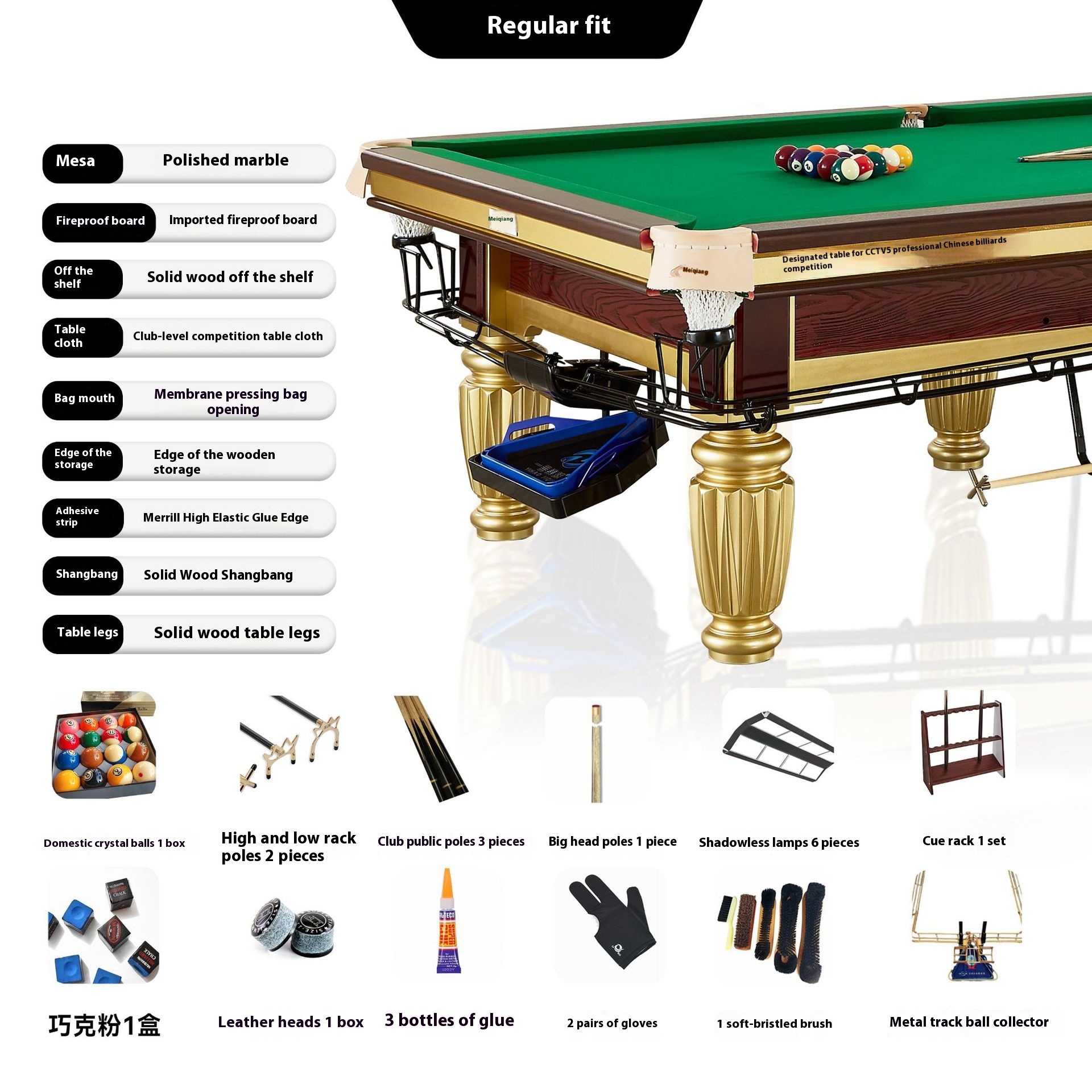 Brilliant Star Pool Table Standard Chinese Style Black Eight T5 Golden Leg Green Warehouse Stone Plate Snooker Billiard Tables