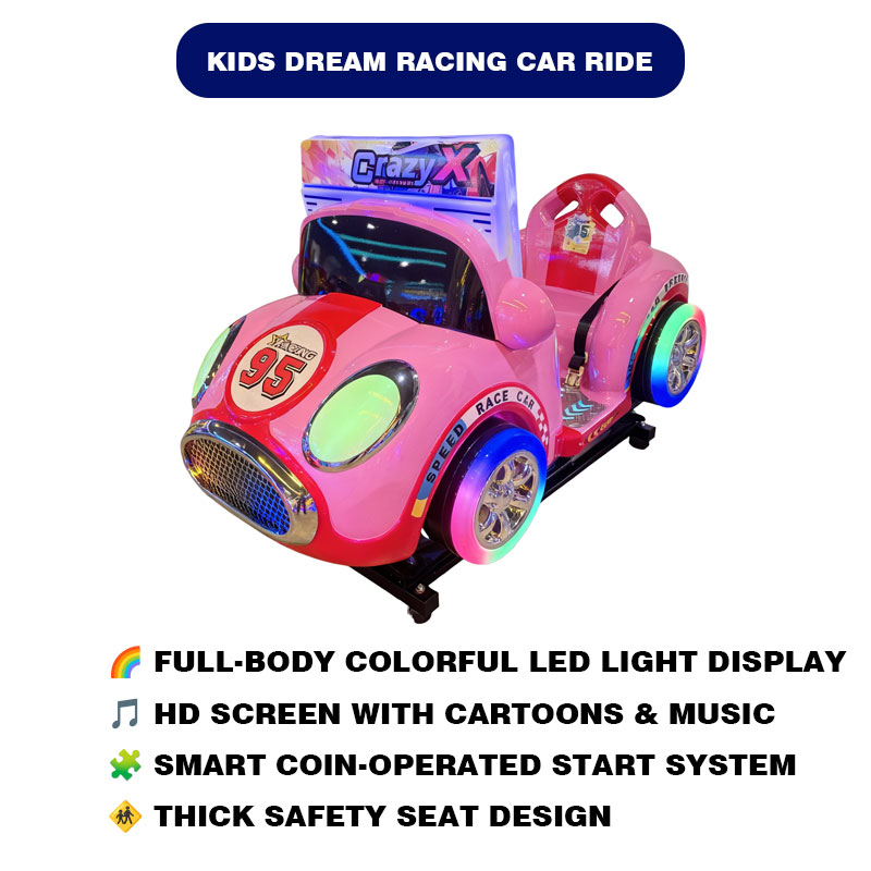 Pink Race Car Themed Kids Arcade Ride LED Lighted Coin Operated Amusement Game Metal Construction for Indoor Play English