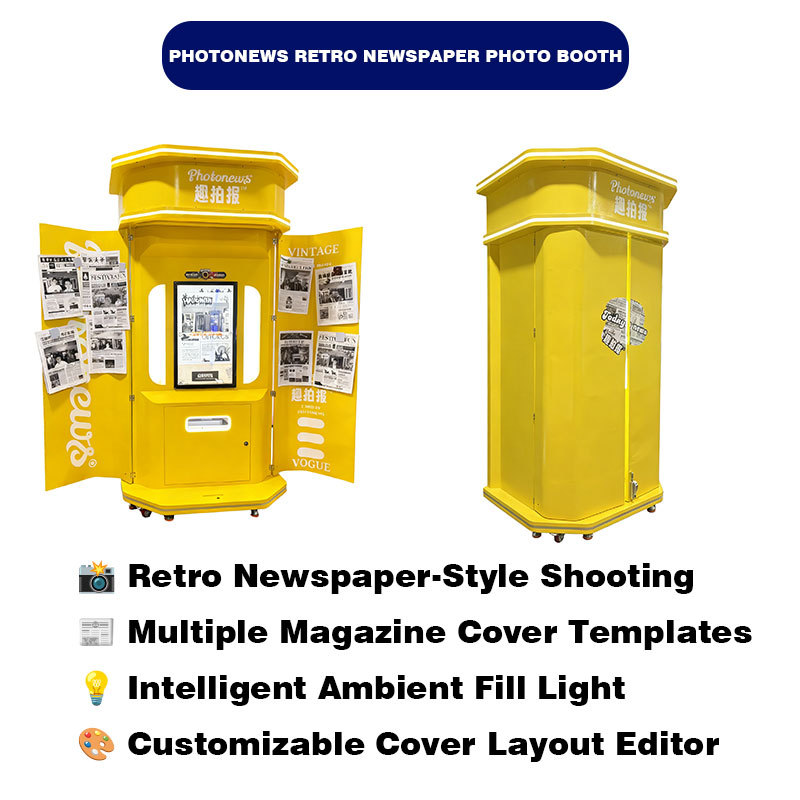Coin Operated Vintage Newspaper Style Metal Photo Booth with English Interface for Mall Arcade Event Rental