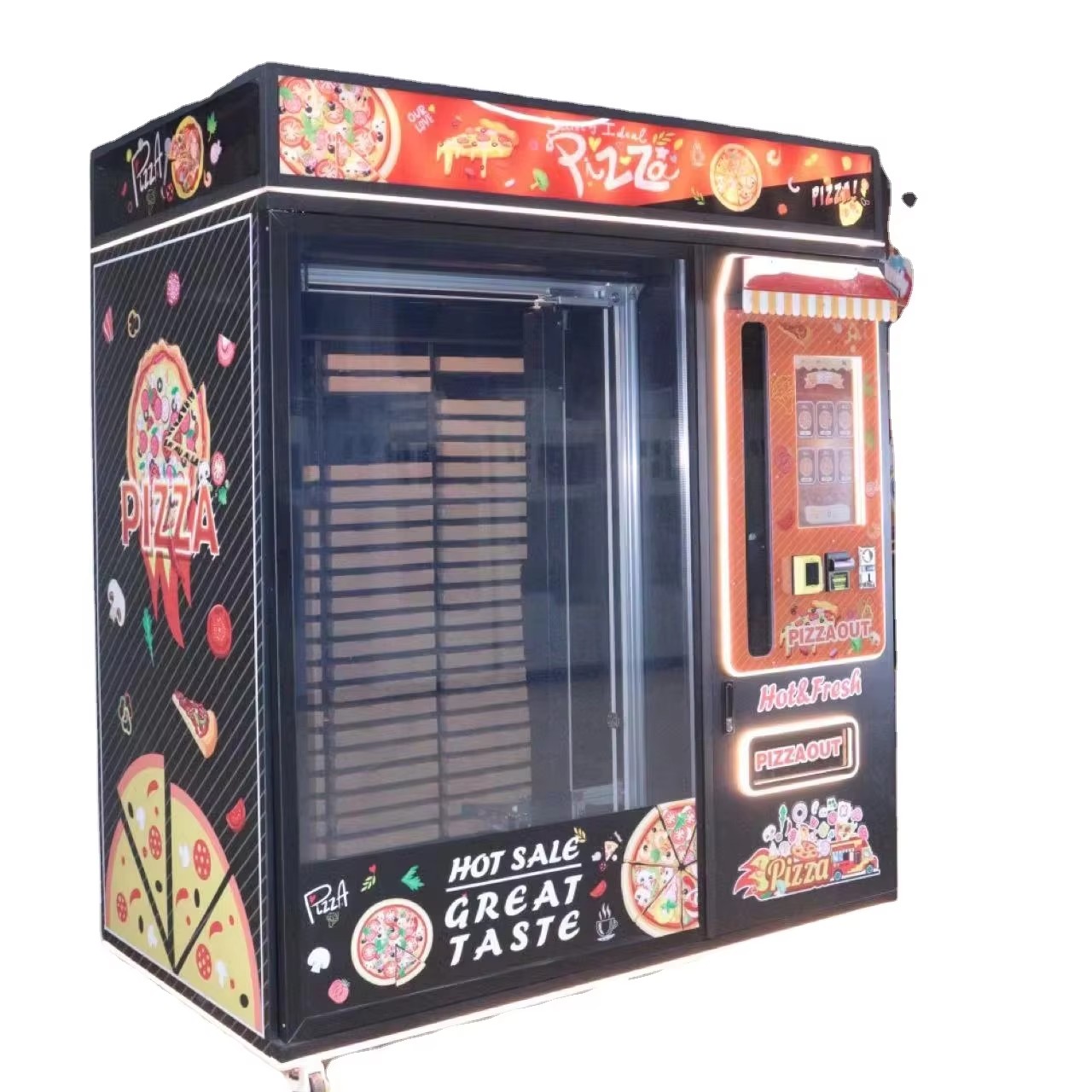 NINIX NINIX-254486 Metal Pizza Vending Machine Weather Resistant Design Multi-Payment Options Universal Plug Wooden Case