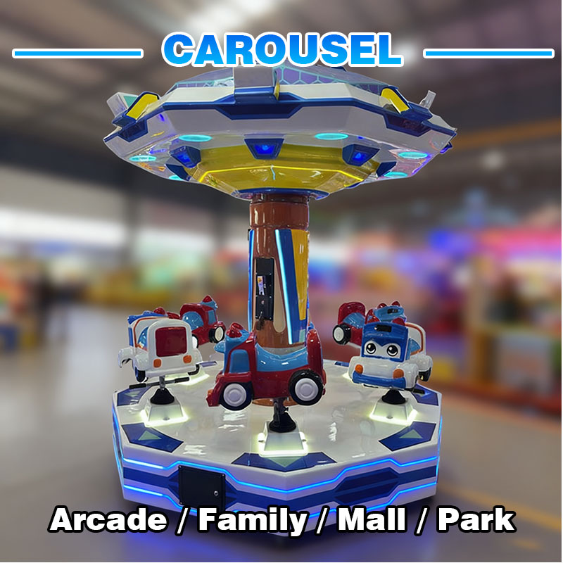 Cartoon Car Themed Metal Carousel Arcade Ride LED Lighted Coin Operated Kids Amusement Game Indoor Playground Entertainment