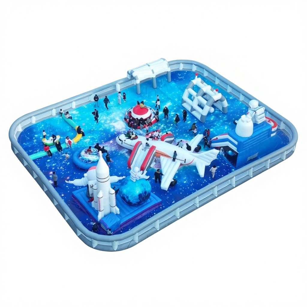 Space Theme Large Inflatable PVC Mesh Fabric Pool Rocket Airplane Themed Interactive Amusement Area Indoor/Outdoor Kids Party