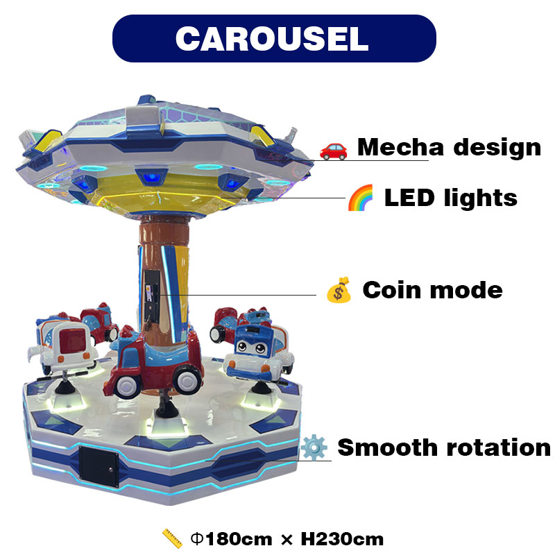 Cartoon Car Themed Metal Carousel Arcade Ride LED Lighted Coin Operated Kids Amusement Game Indoor Playground Entertainment