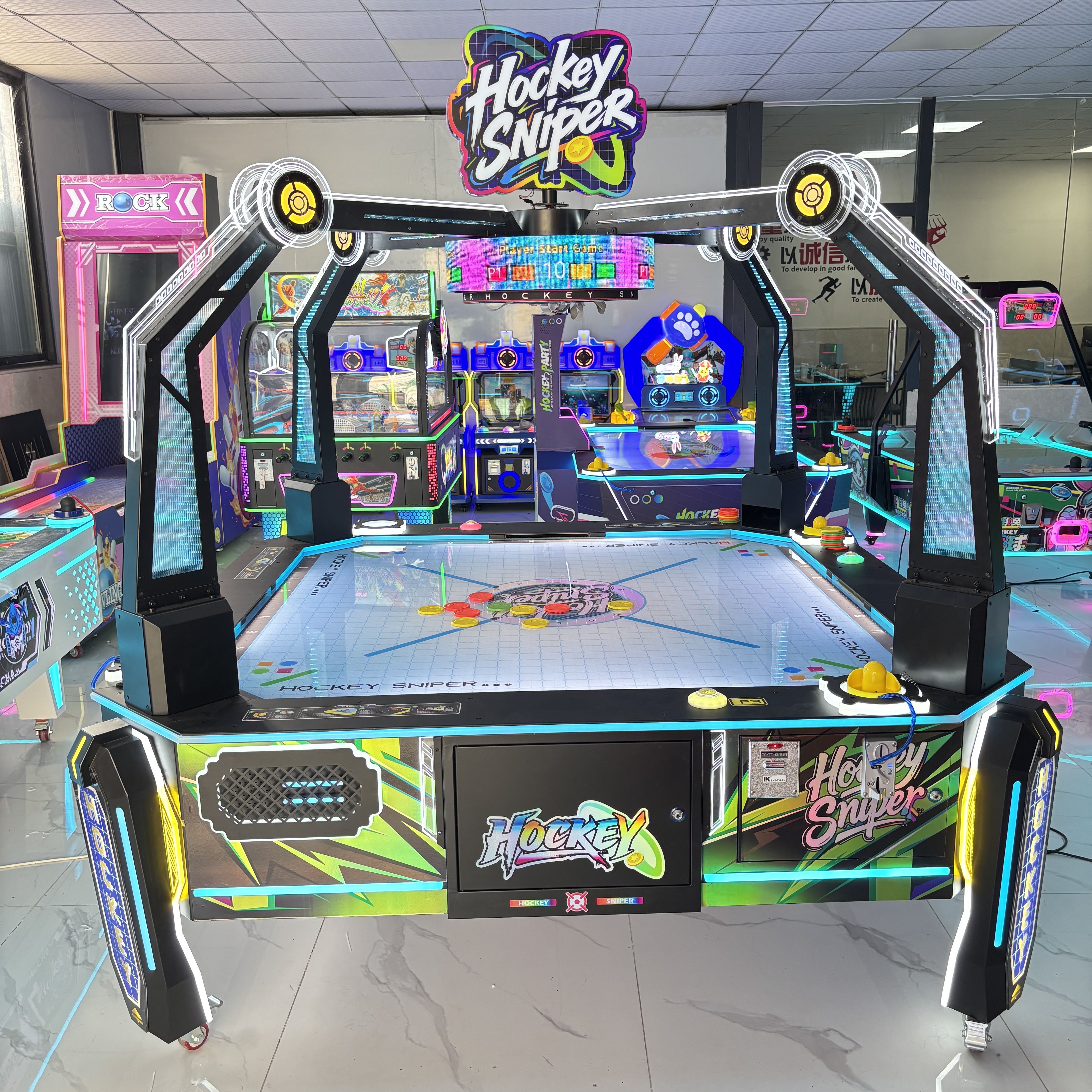 4 Player Air Hockey Table Arcade Game Machine Coin Operated LED Light Interactive Sports Game Equipment for Amusement Park
